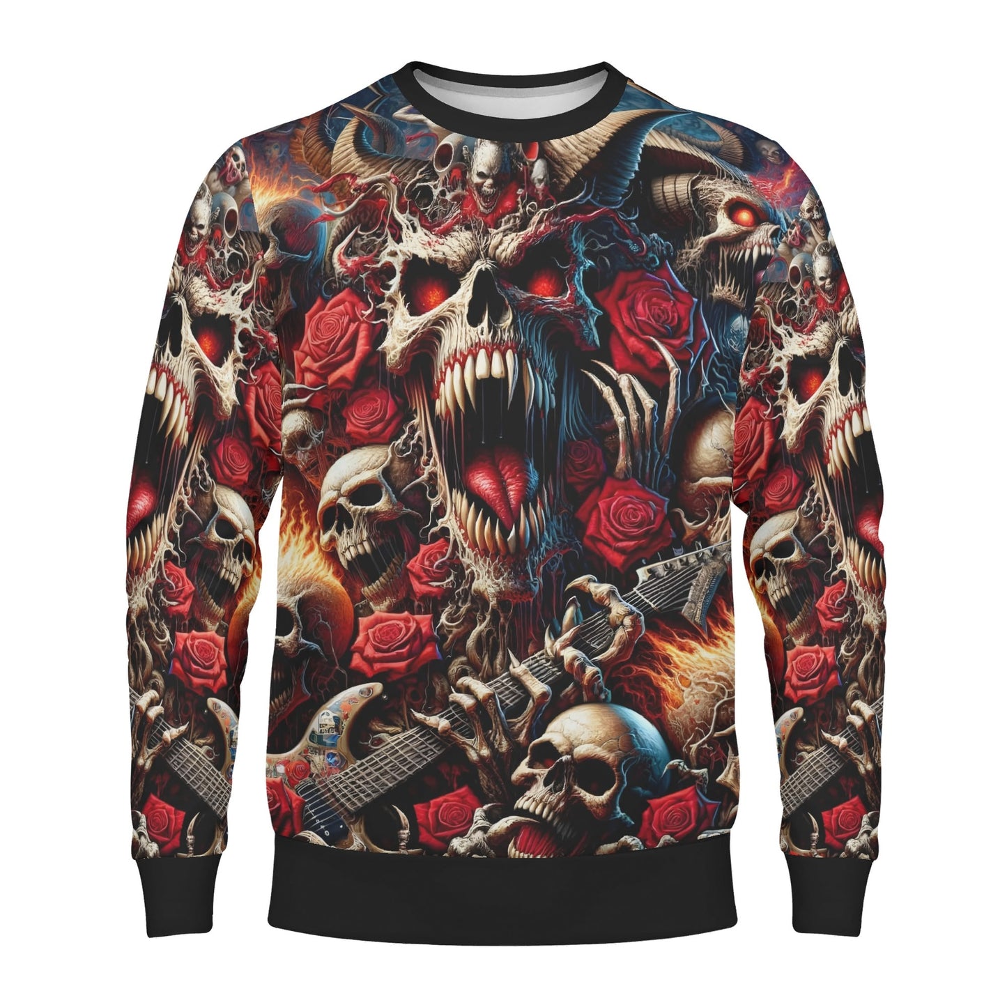 Loud and Lethal A Wild Dance in Flames Poly French Terry Sweatshirt unisex sweater with skulls roses and guitars