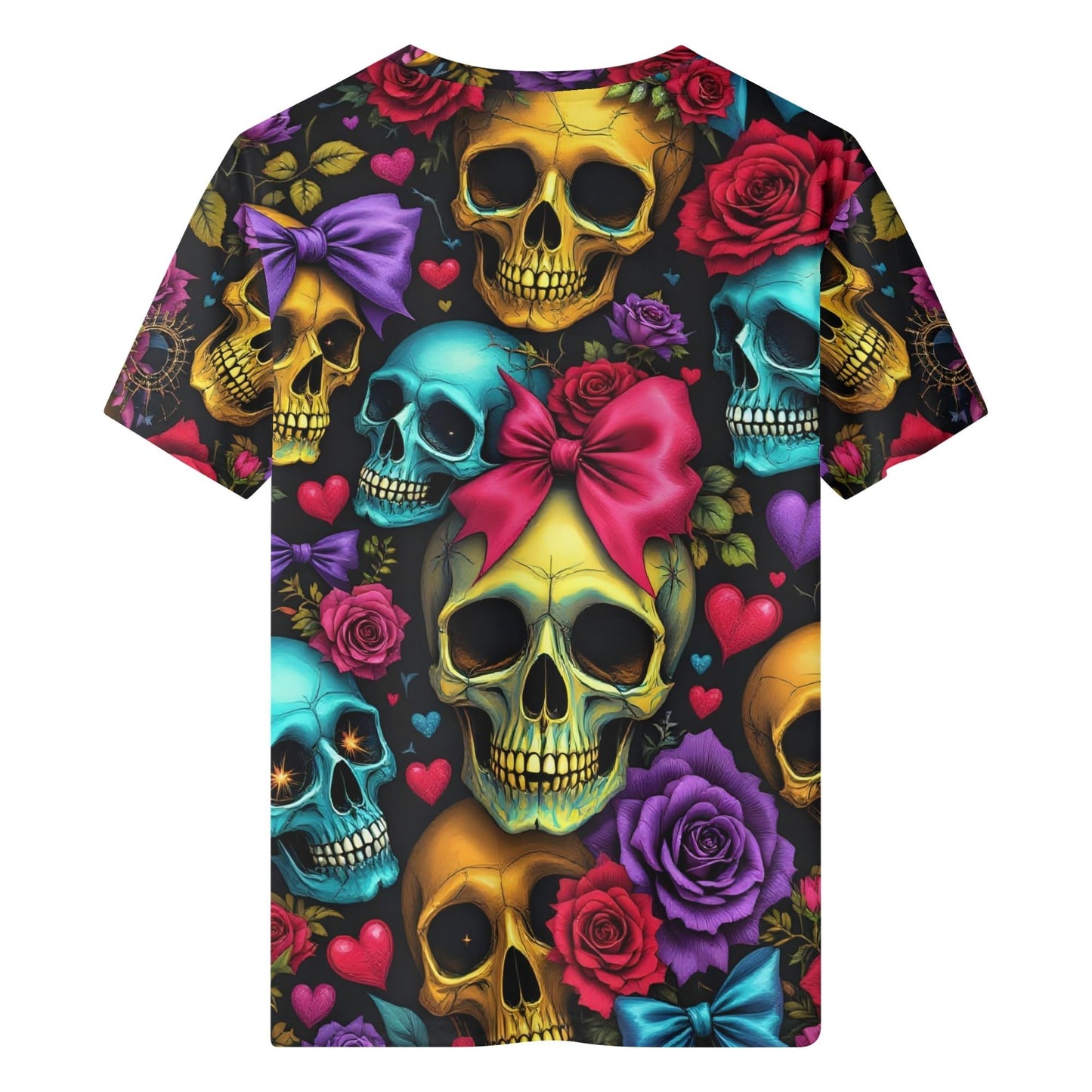 Sugarpunk Love Organic Cotton Kids T-Shirt with colorful skulls, roses, and heart designs by Loud and Lethal