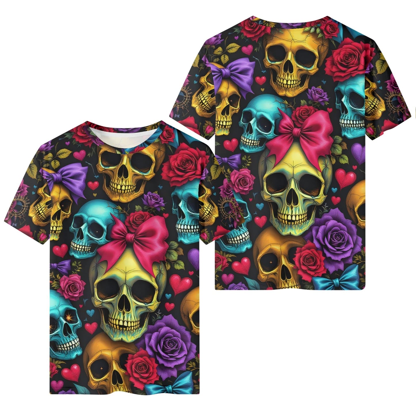Sugarpunk Love Organic Cotton Kids T-Shirt by Loud and Lethal featuring colorful skulls with bows and roses