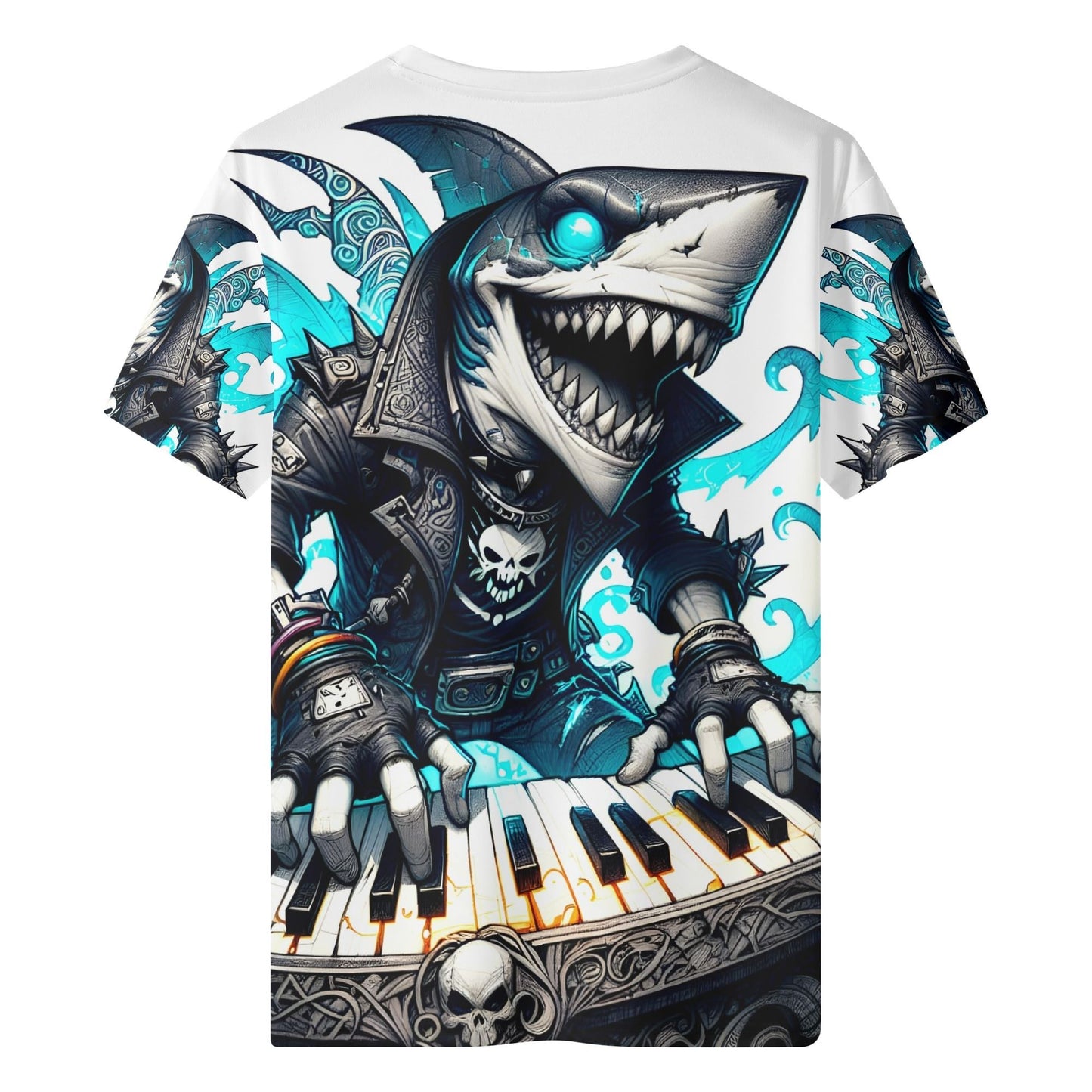 Synth Shark Attack Organic Cotton Kids T-Shirt featuring a cool shark playing keyboard with a punk rock style