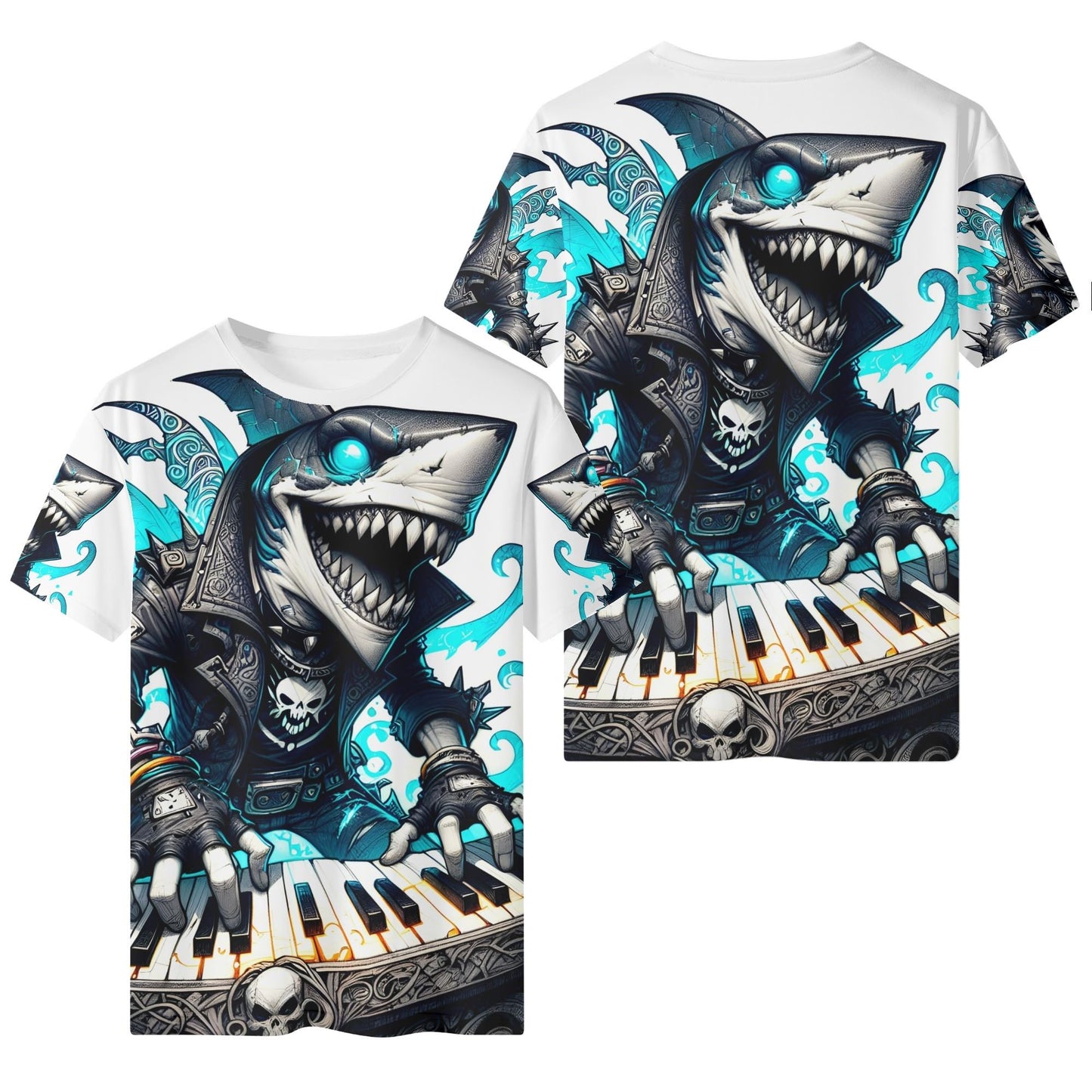 Synth Shark Attack Organic Cotton Kids T-Shirt featuring a shark playing piano in a leather jacket