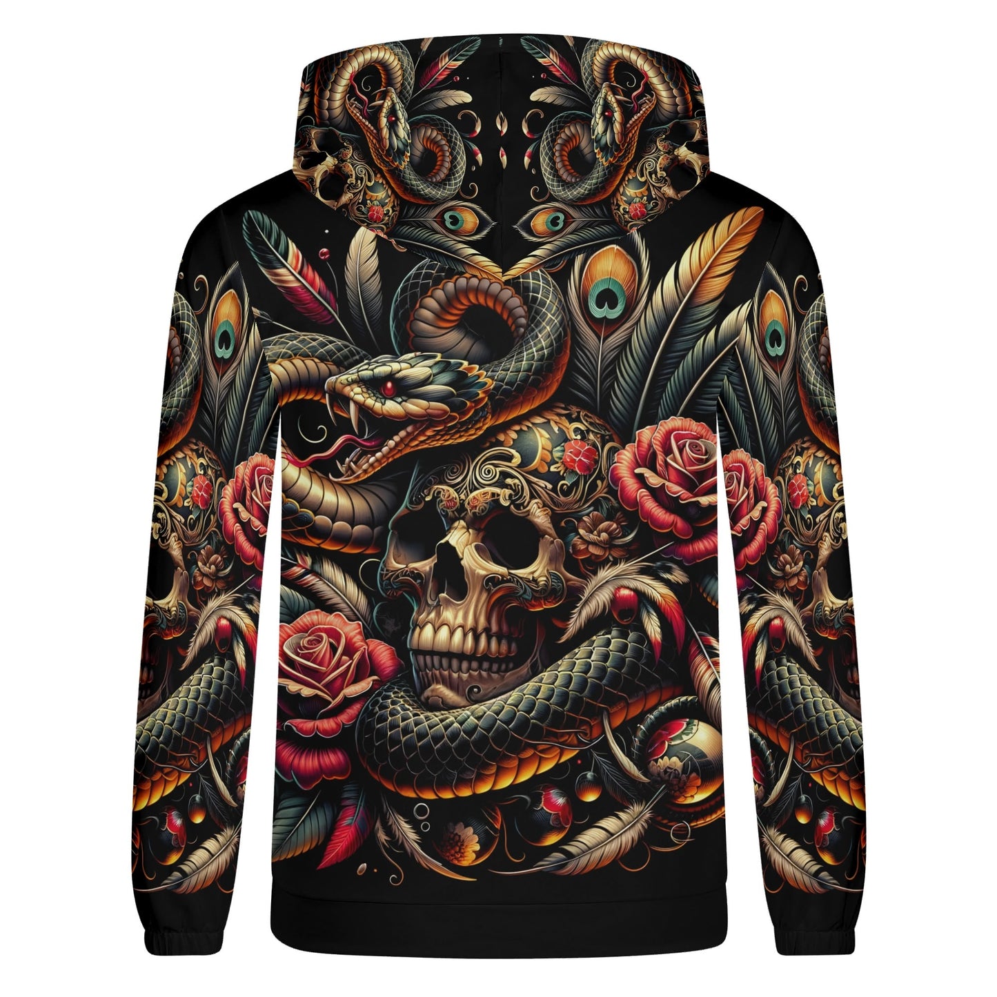 Loud and Lethal Tangled Fate Cotton Terry Hoodie featuring a detailed skull, snake, roses, and feathers design