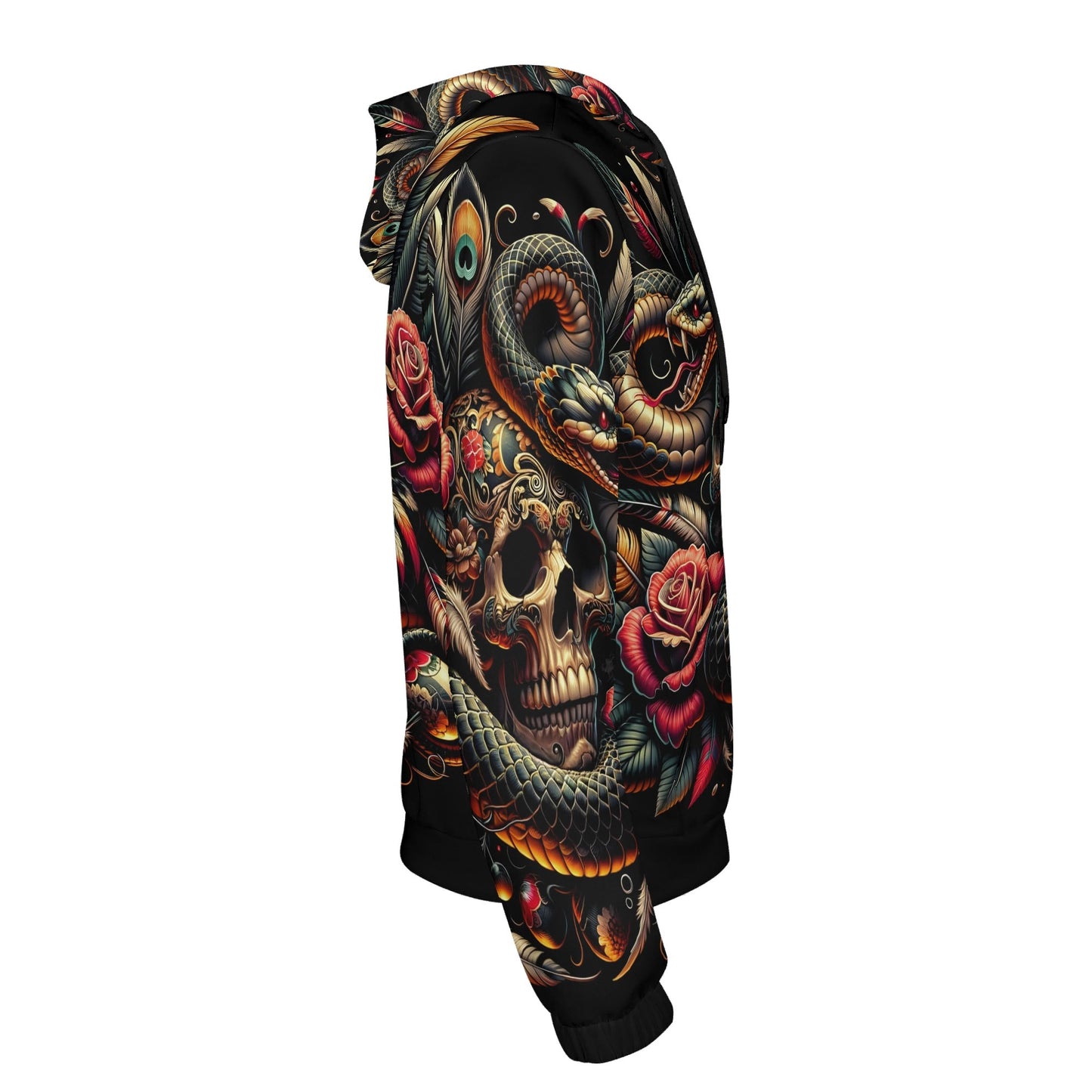 Side view of Loud and Lethal Tangled Fate Cotton Terry Hoodie with skull, snake, and rose graphic design