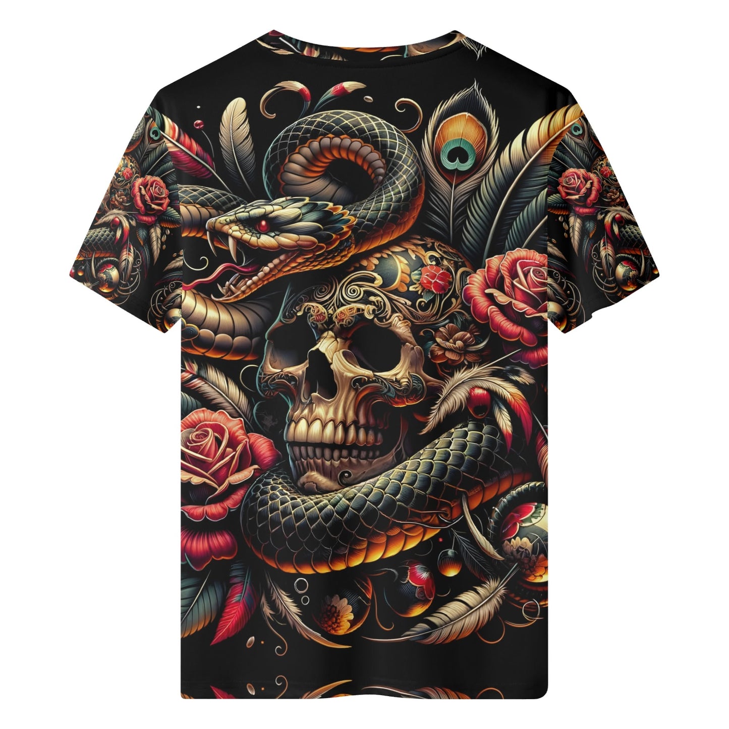 Loud and Lethal Tangled Fate Lycra T-Shirt featuring detailed skull, snake, roses, and feathers design
