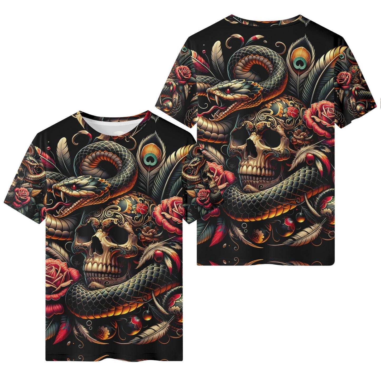 Tangled Fate Lycra T-Shirt by Loud and Lethal with skull, snake, roses, and feathers graphic design