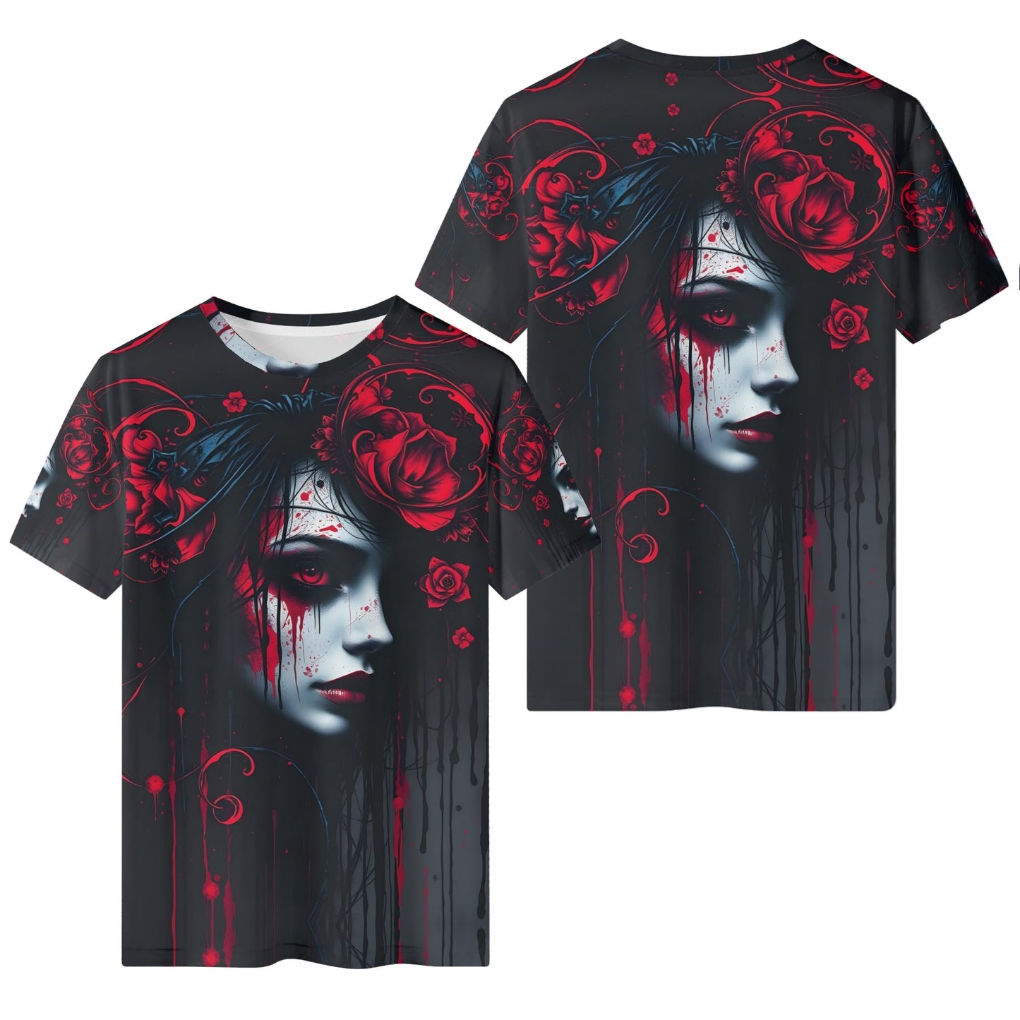 Tendrils of Darkness Lycra T-Shirt by Loud and Lethal featuring a dark artistic female face with red floral and vine details