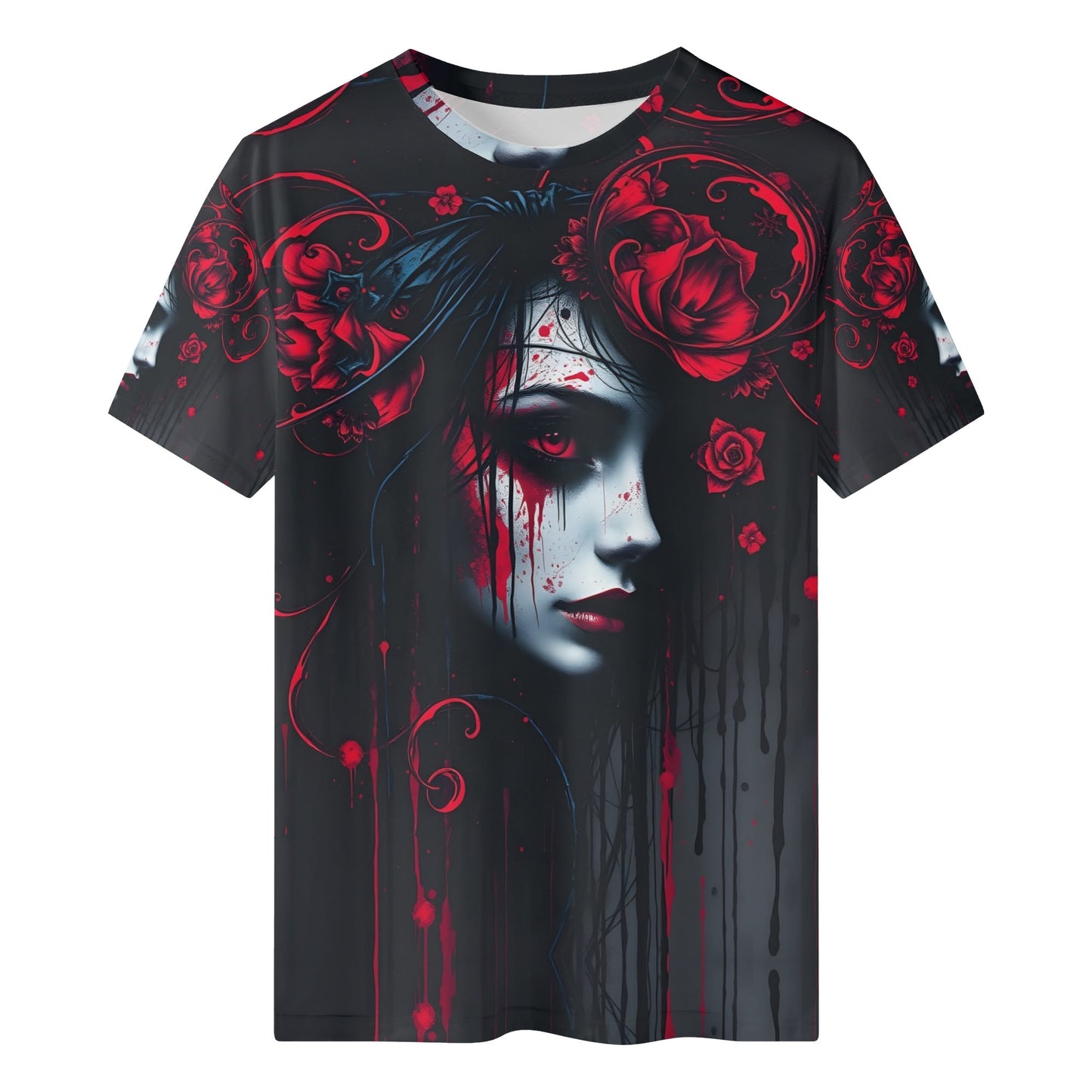 Tendrils of Darkness Lycra T-Shirt featuring dark artistic design of a woman's face with red roses by Loud and Lethal