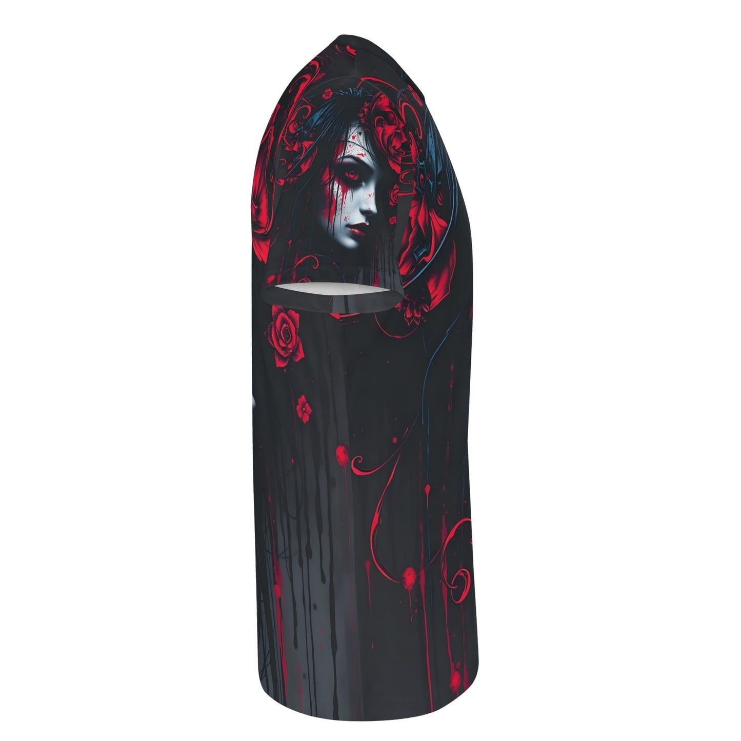 Side view of Loud and Lethal Tendrils of Darkness Lycra T-Shirt featuring dark gothic art with red and black colors