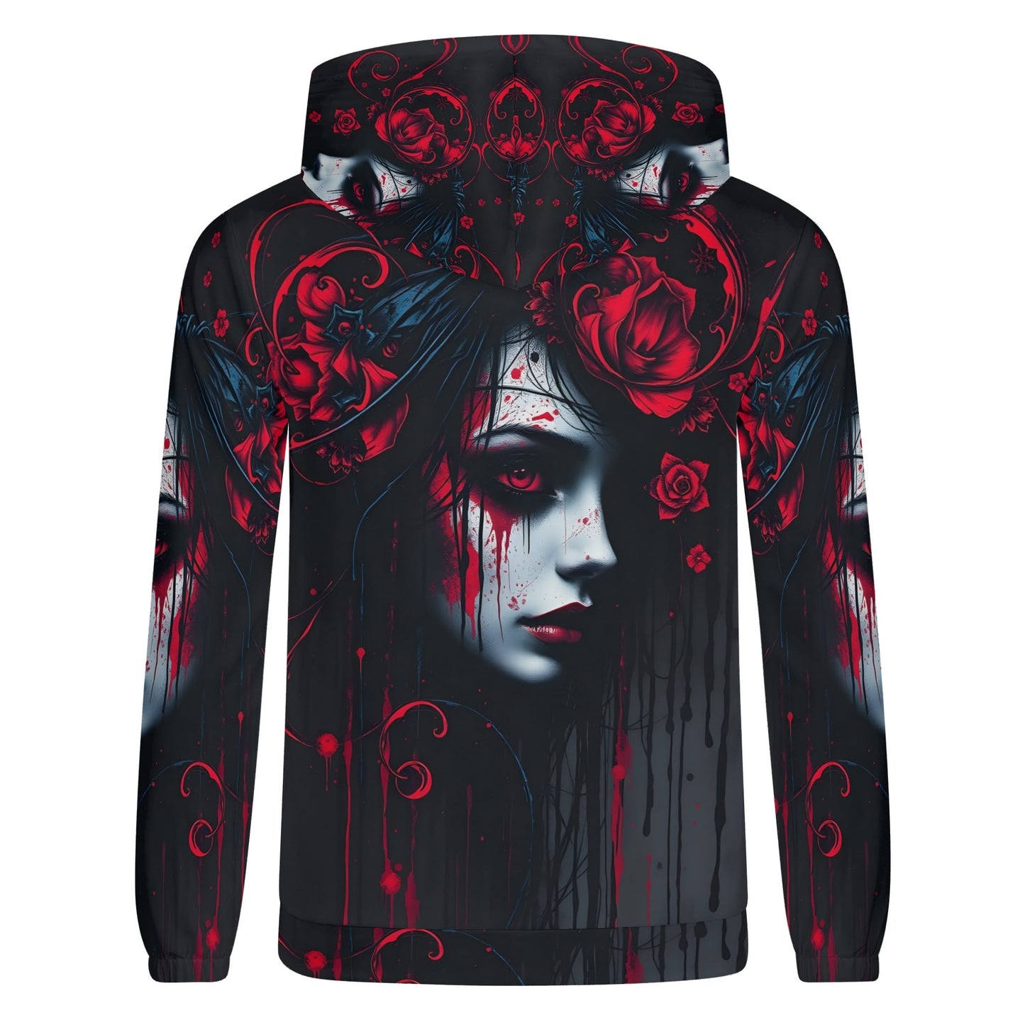 Tendrils of Darkness Poly French Terry Hoodie by Loud and Lethal with dark artistic face and red floral design