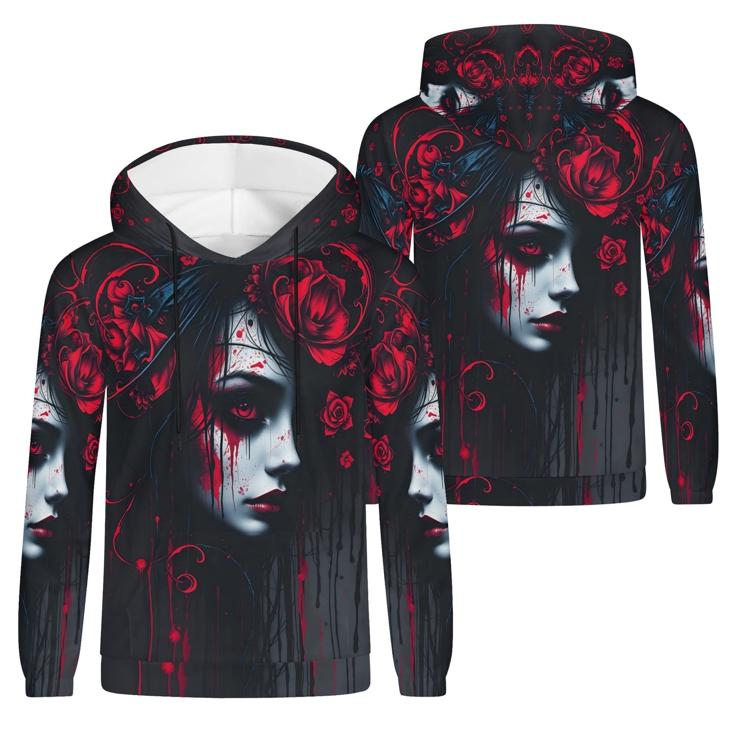 Tendrils of Darkness Poly French Terry Hoodie by Loud and Lethal featuring dark gothic art with red roses and haunting female face