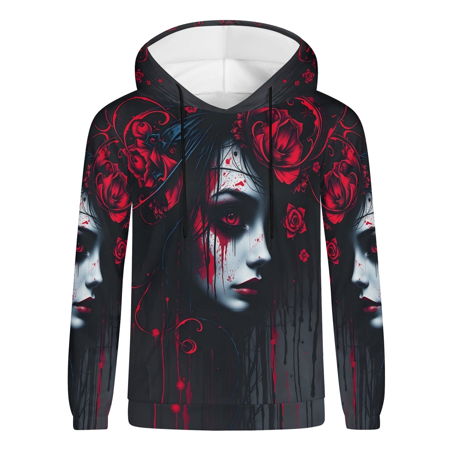 Tendrils of Darkness Poly French Terry Hoodie with haunting red and black gothic face and roses design