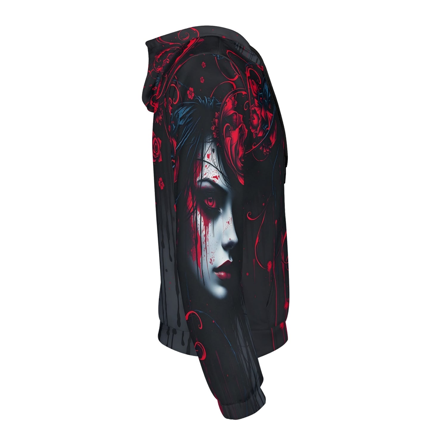 Loud and Lethal Tendrils of Darkness Poly French Terry Hoodie with dark gothic woman and red floral design