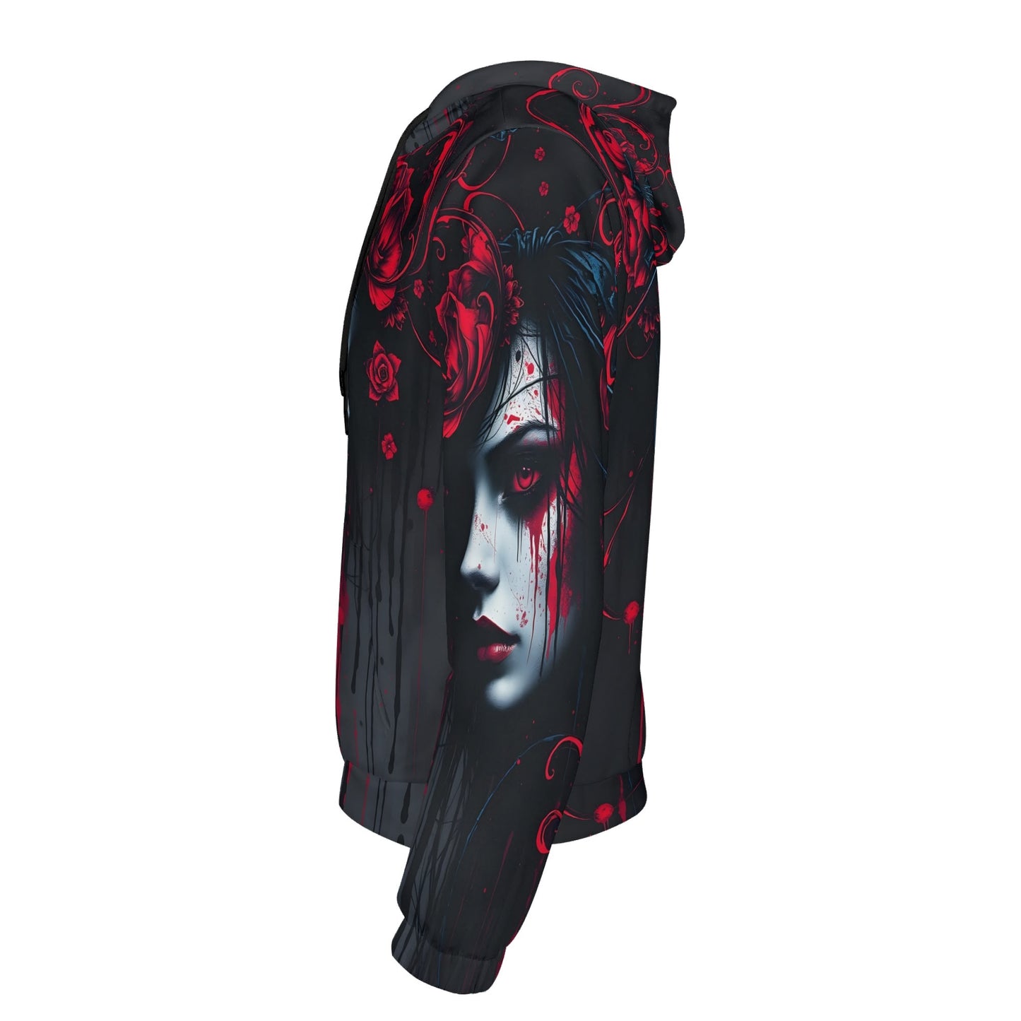 Tendrils of Darkness Poly French Terry Hoodie by Loud and Lethal with dark gothic face and red floral design