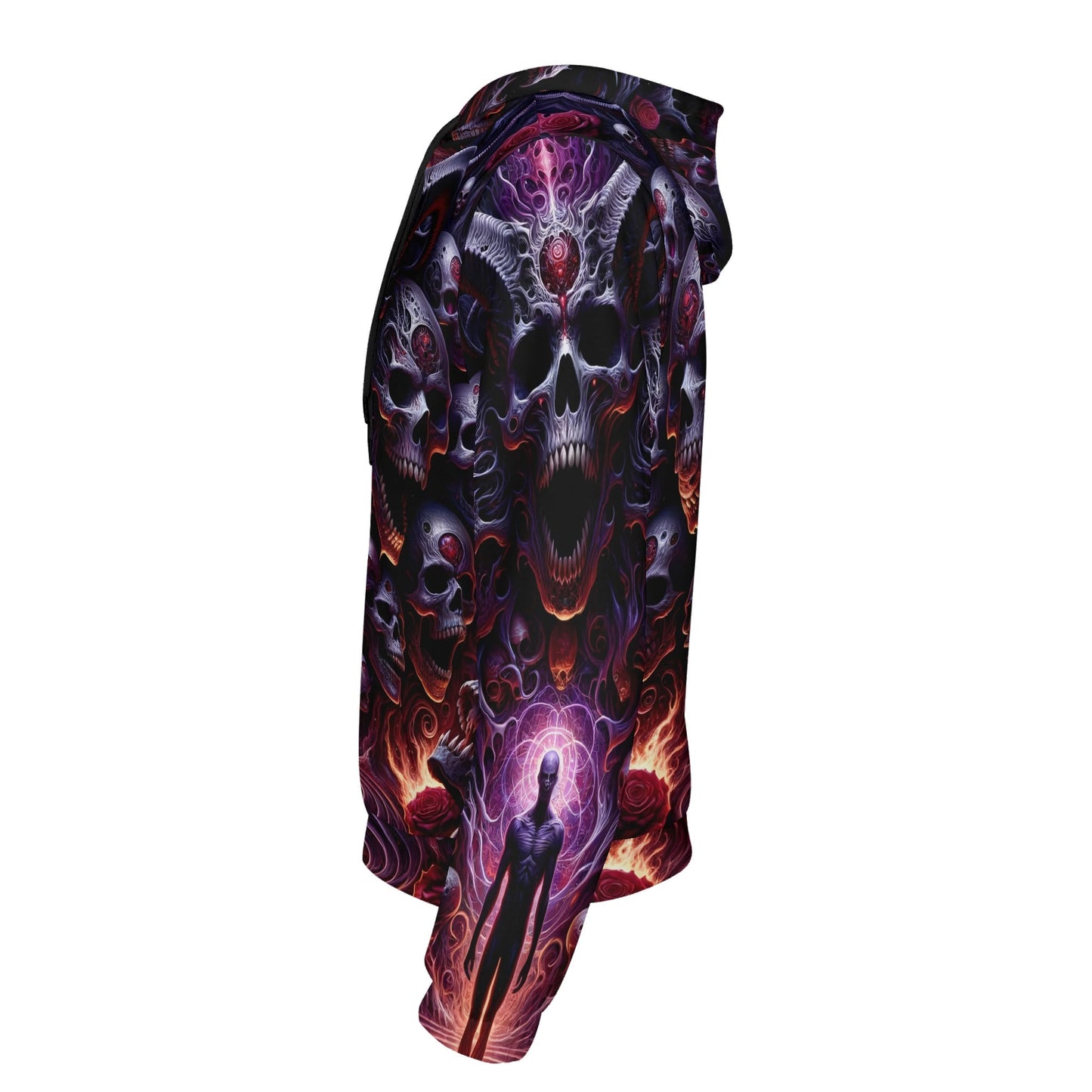 Side view of Loud and Lethal The Abyssal Symphony Cotton Terry hoodie featuring dark skull and mystical artwork