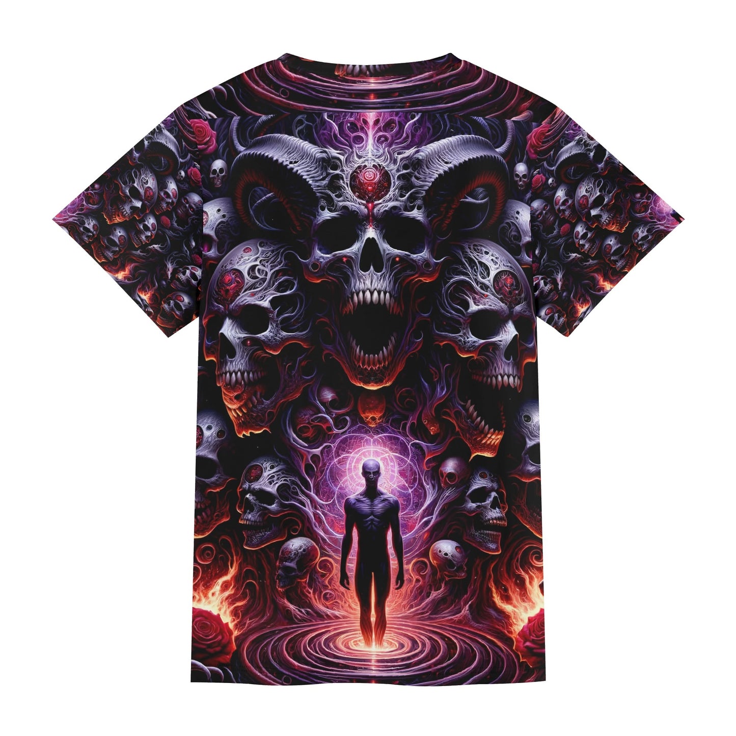 The Abyssal Symphony Lycra T-Shirt by Loud and Lethal featuring dark skulls and fiery surreal design