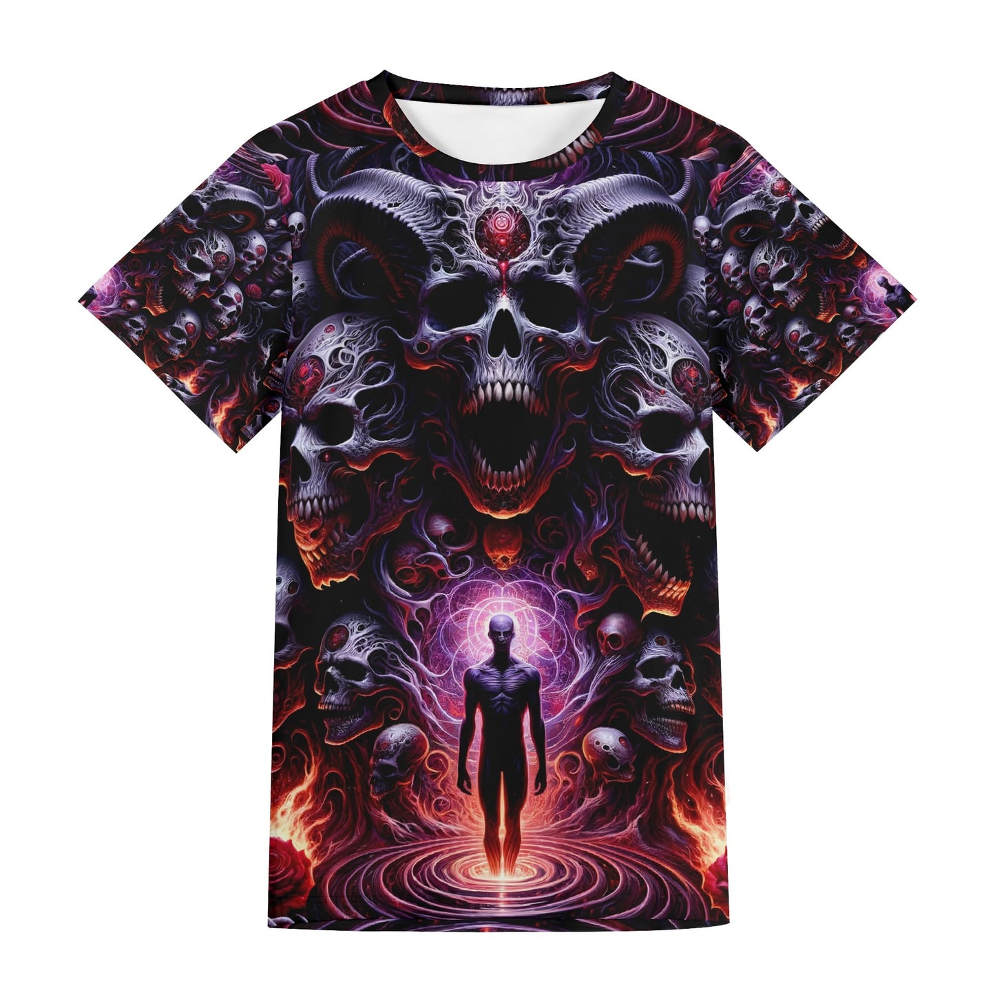 The Abyssal Symphony Lycra T-Shirt by Loud and Lethal featuring dark skull and fiery mystical design