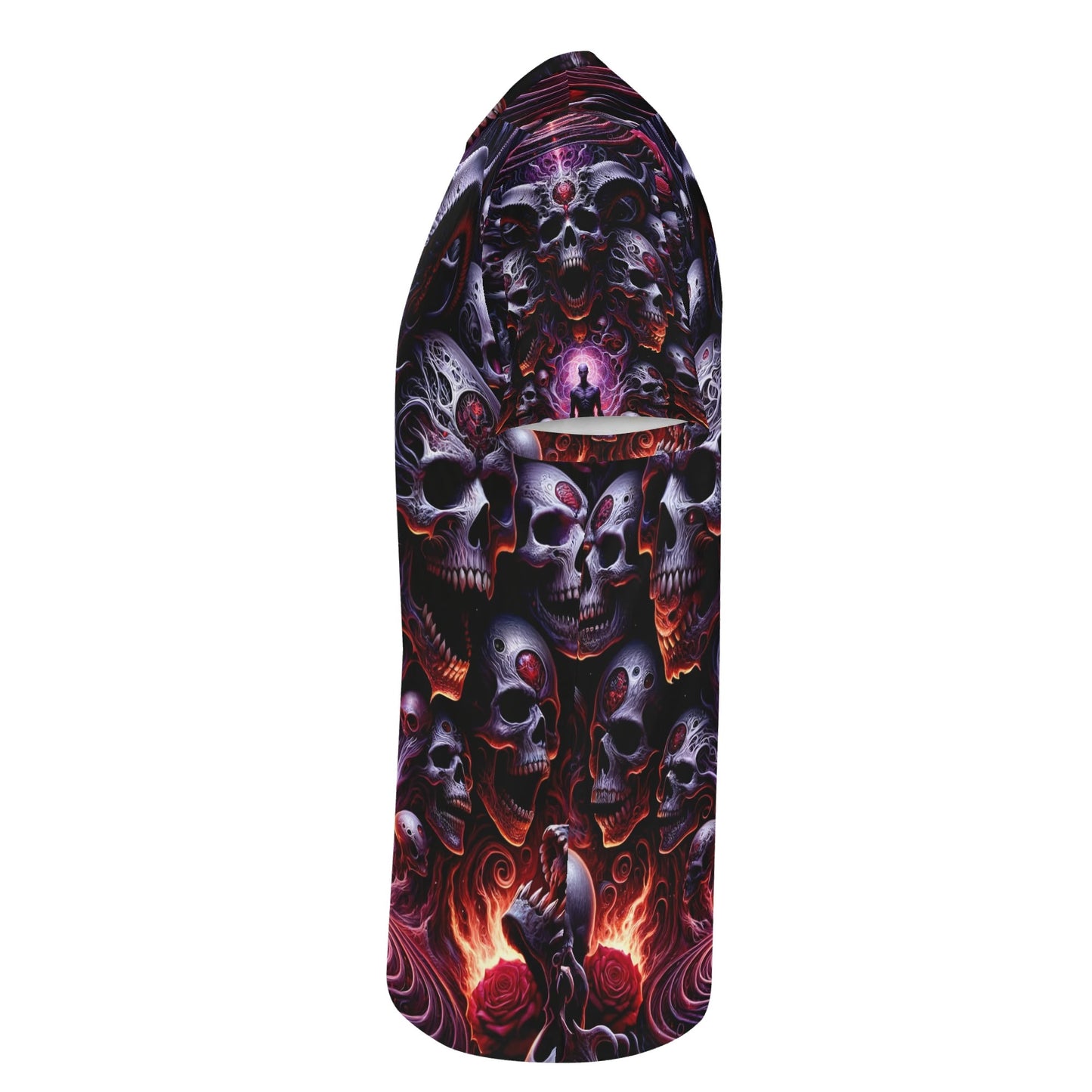 Loud and Lethal The Abyssal Symphony Lycra T-Shirt with dark skull and fiery rose design unisex tee