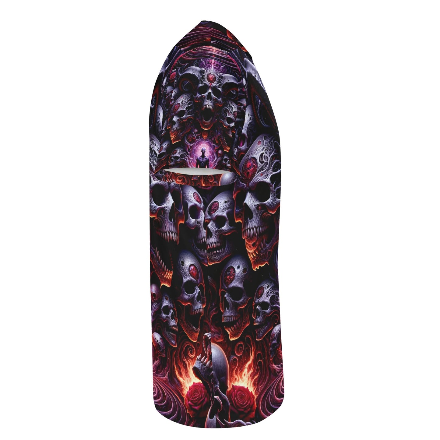 Side view of The Abyssal Symphony Lycra T-Shirt by Loud and Lethal featuring dark skull and fiery design