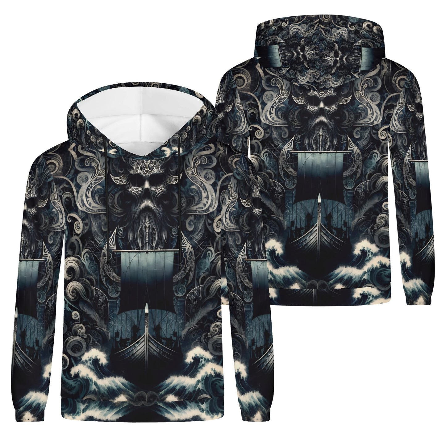 The Allfathers Wake Poly French Terry Hoodie with dark intricate Norse design and Viking ship graphic