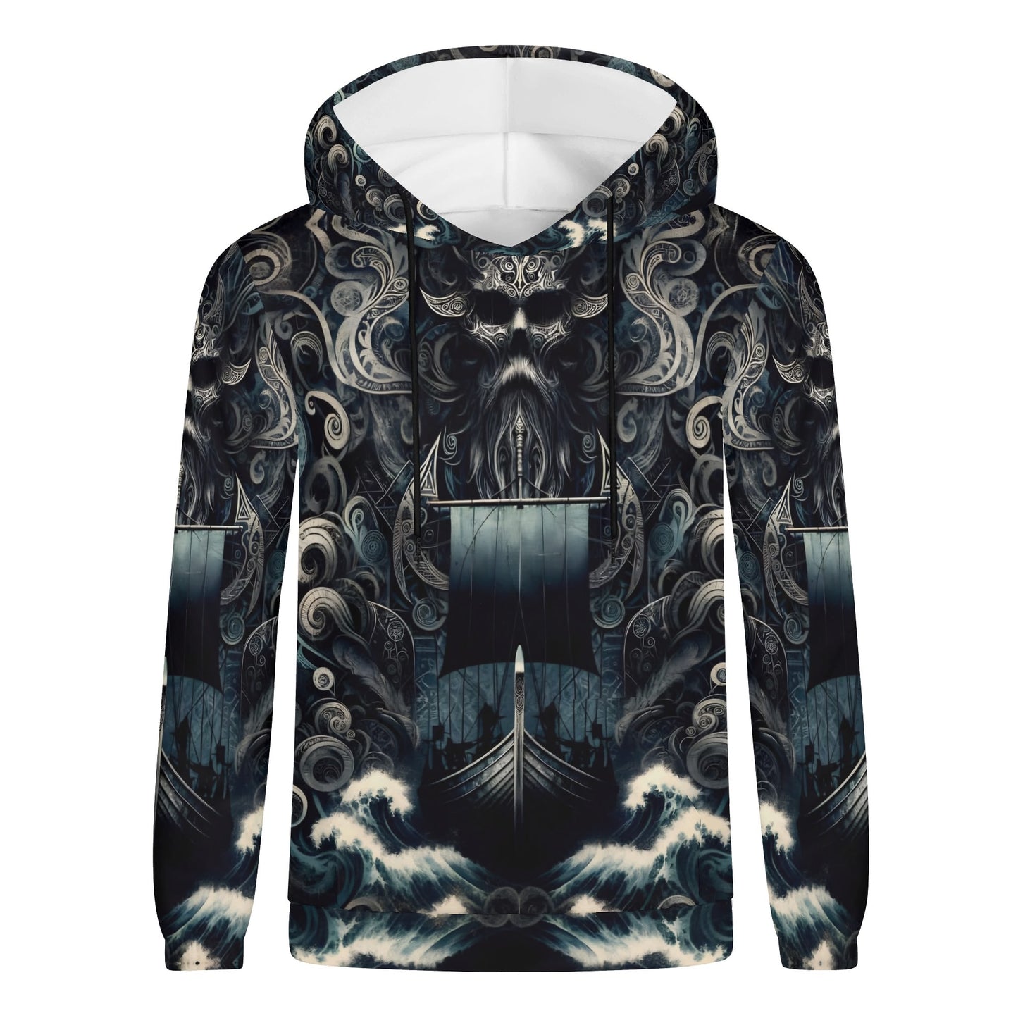 The Allfathers Wake Poly French Terry Hoodie by Loud and Lethal with dark Viking ship and stormy sea design