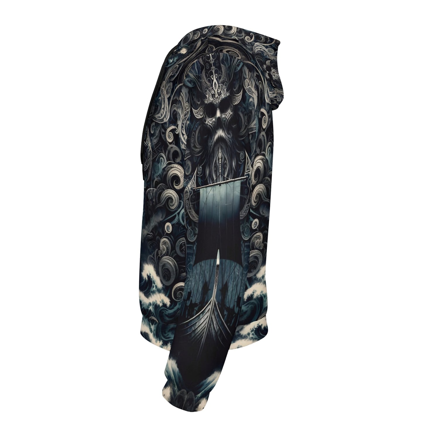 Side view of The Allfathers Wake Poly French Terry Hoodie by Loud and Lethal with dark Norse-inspired ship and sea design