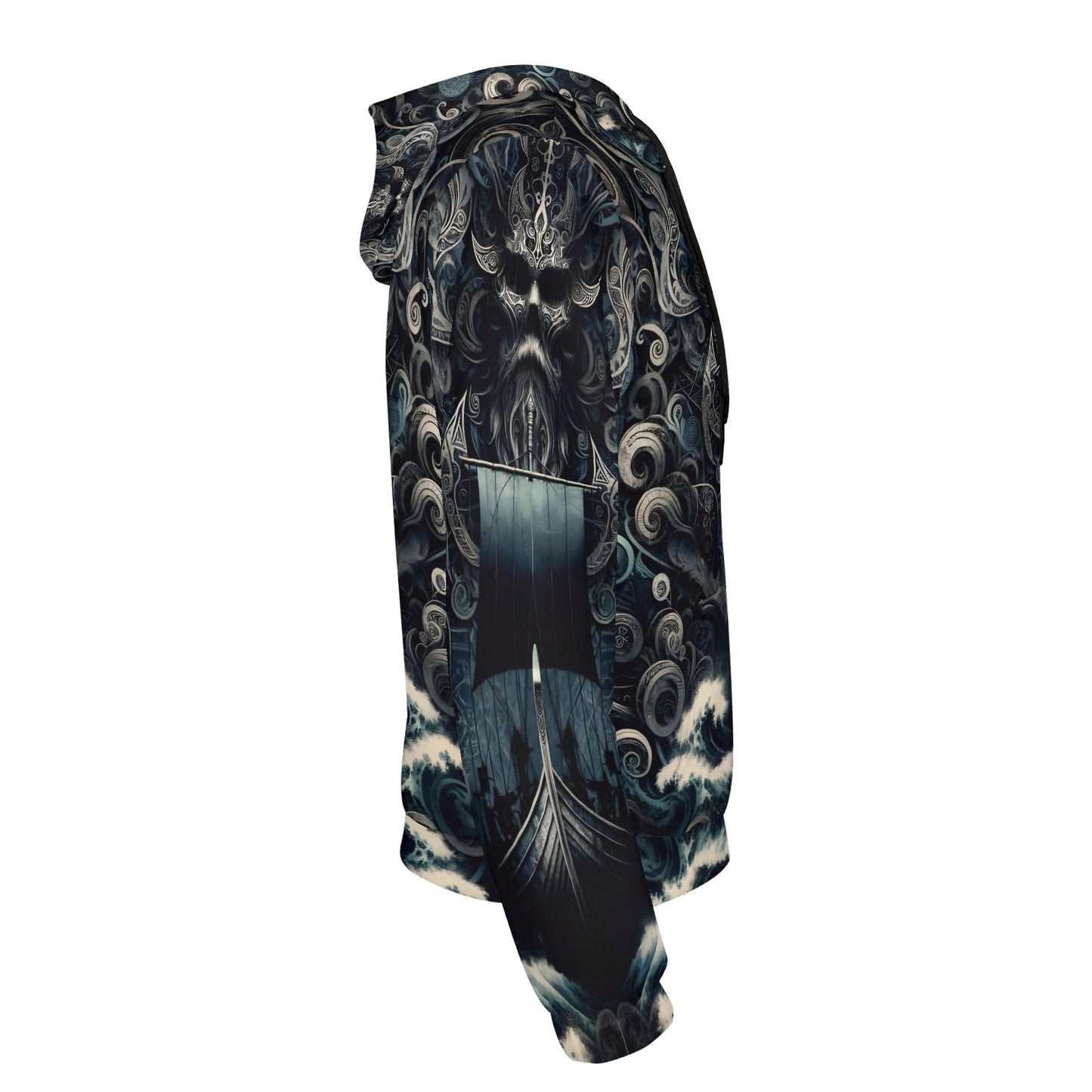 Side view of The Allfathers Wake Poly French Terry Hoodie by Loud and Lethal featuring a dark Norse mythology design