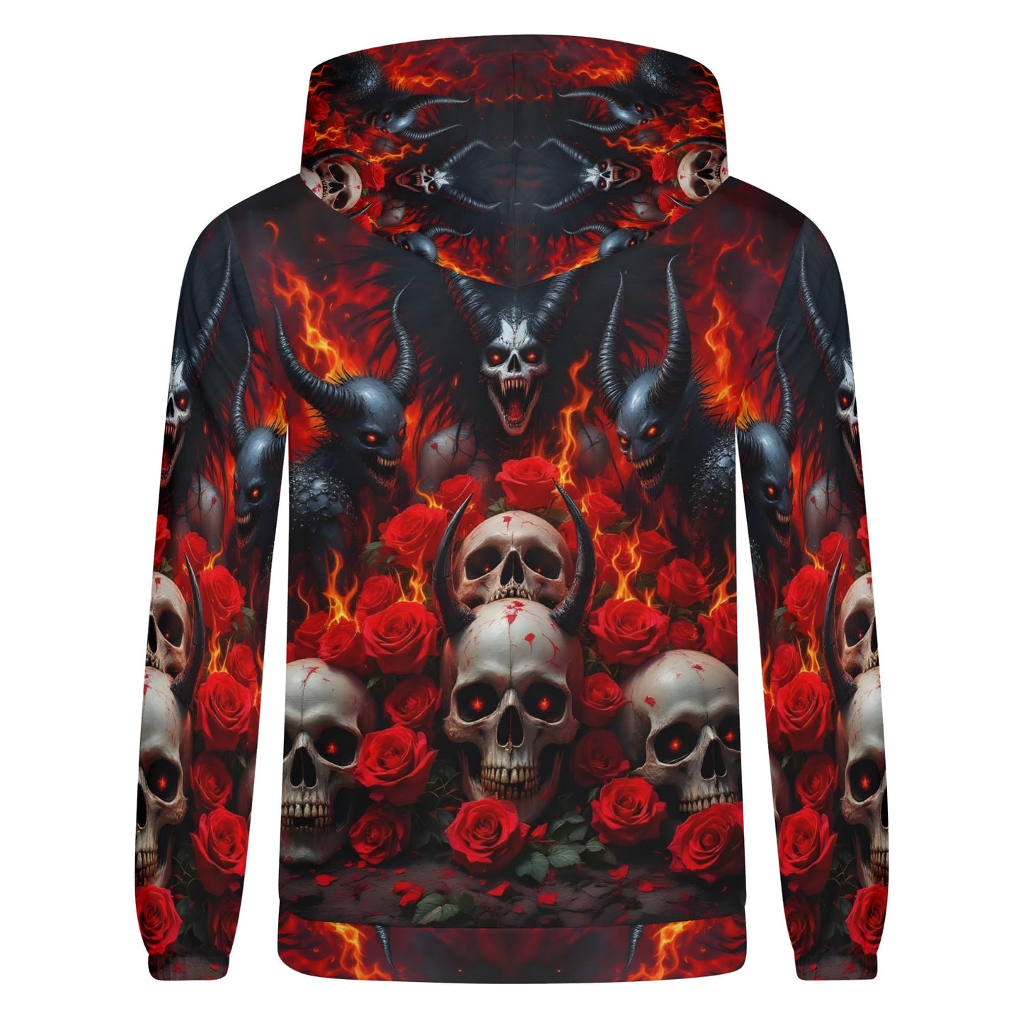 The Eternal Inferno Cotton Terry hoodie with skulls, red roses, and fiery demonic design by Loud and Lethal