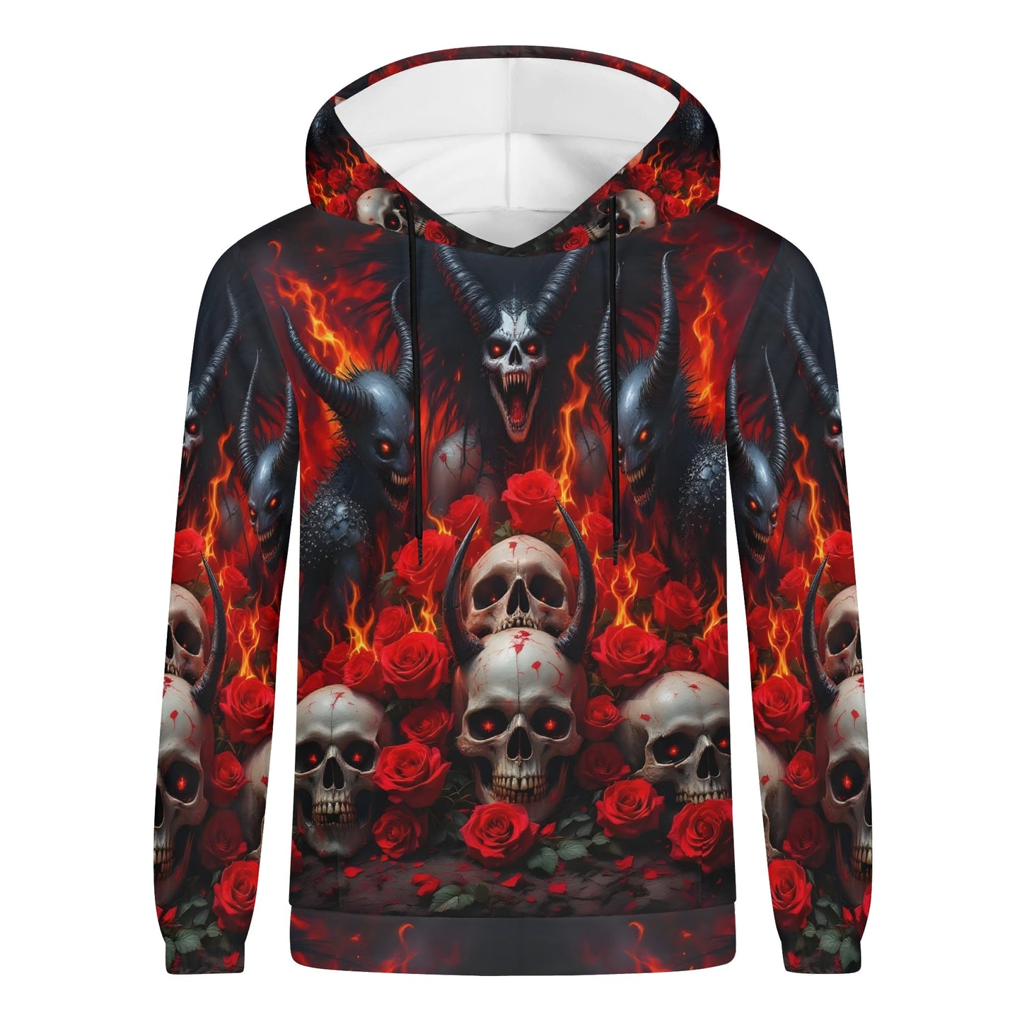 The Eternal Inferno Cotton Terry hoodie by Loud and Lethal with skulls, red roses, and fiery demon design