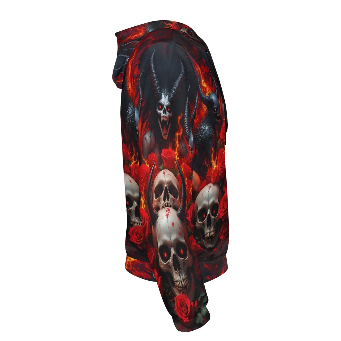 The Eternal Inferno Cotton Terry hoodie by Loud and Lethal with skulls, flames, and red roses in dark gothic design