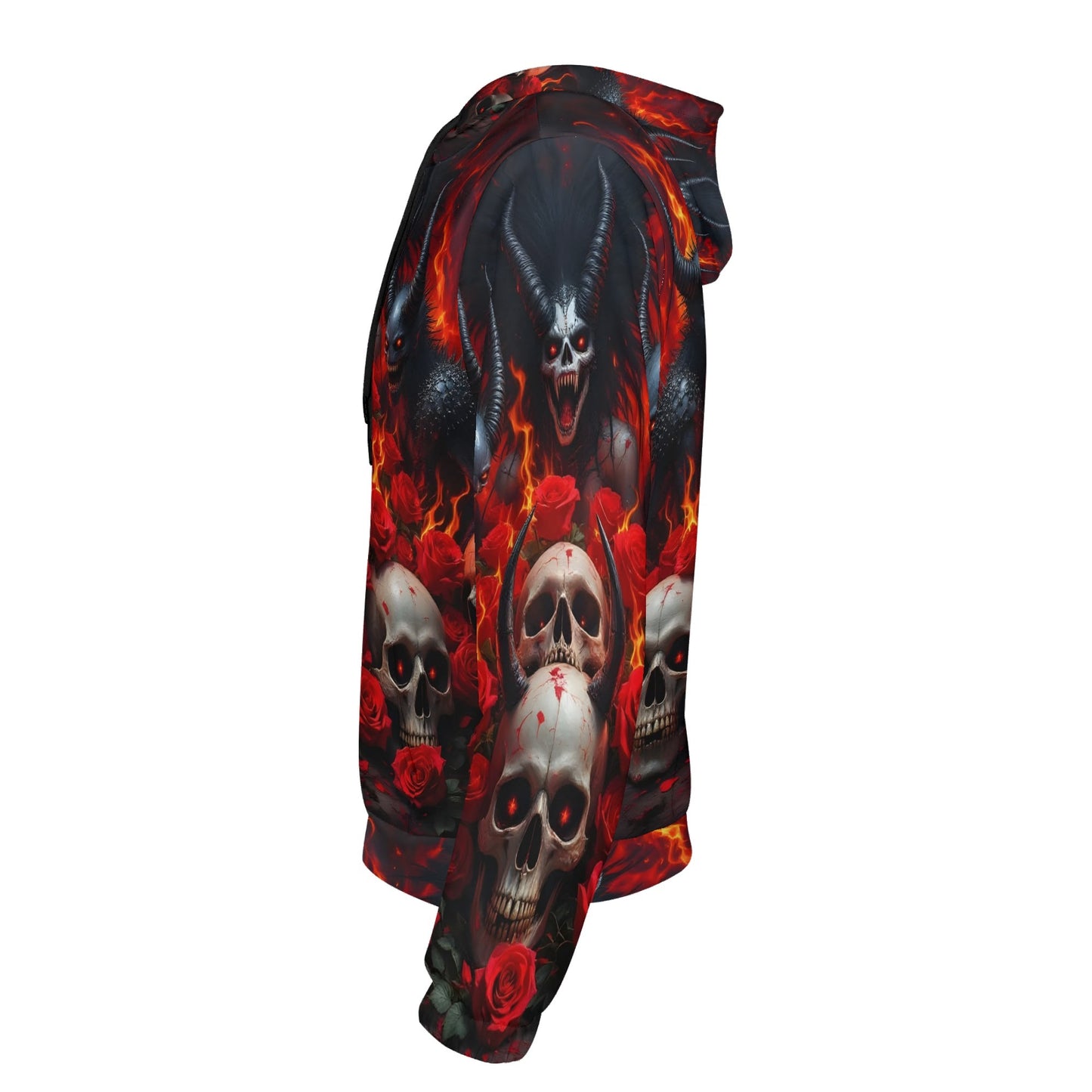 The Eternal Inferno Cotton Terry hoodie by Loud and Lethal with skulls and fiery red rose design