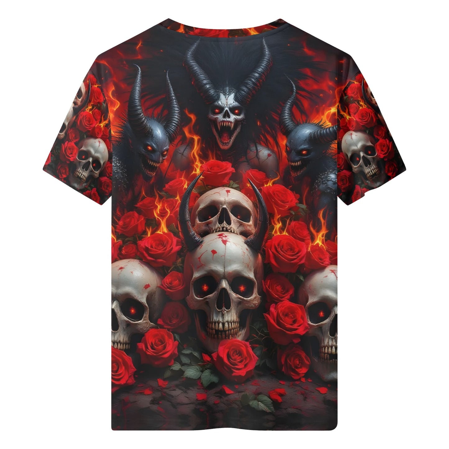The Eternal Inferno Organic Cotton T-Shirt with skulls, red roses, and fiery demon design in vivid colors