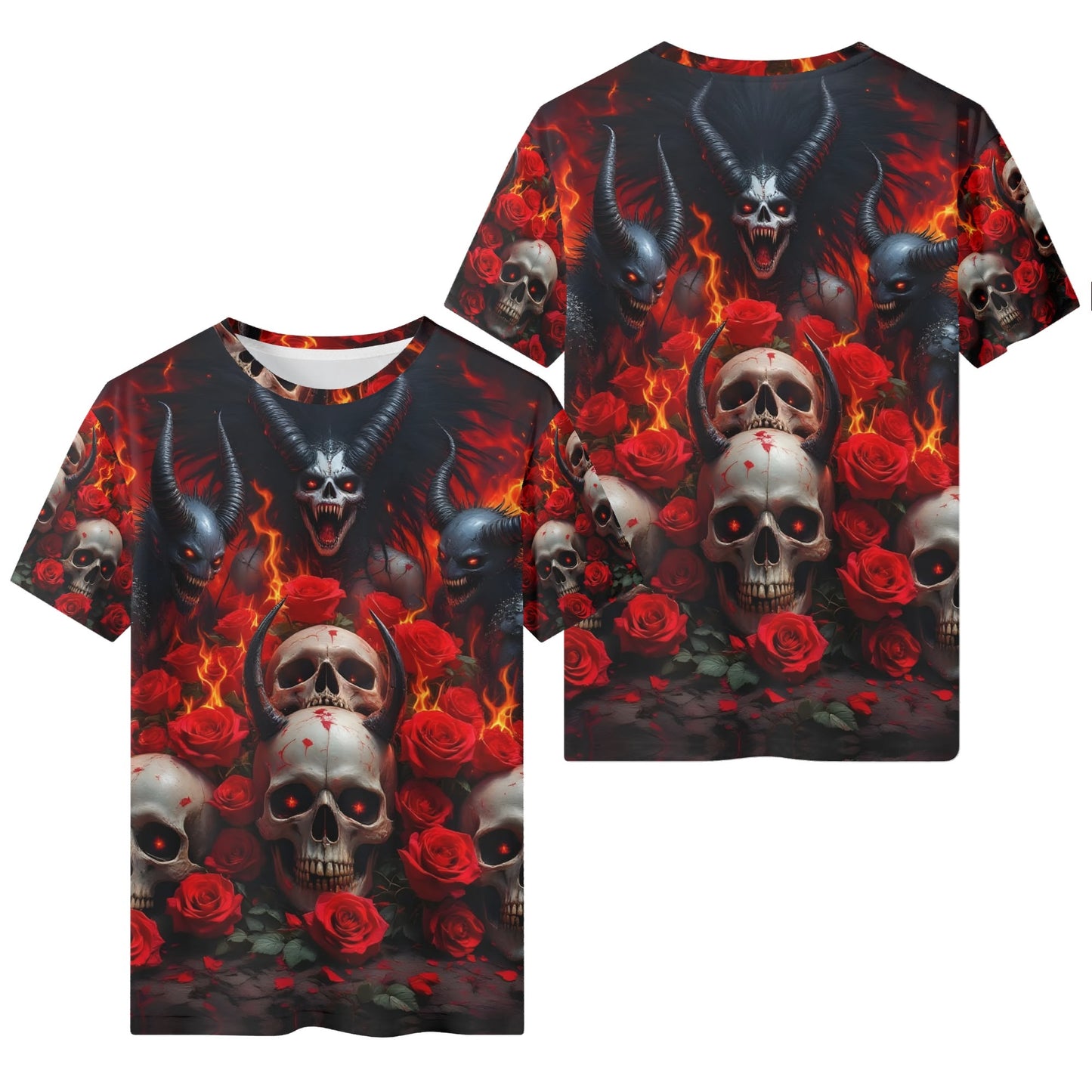 The Eternal Inferno Organic Cotton T-Shirt by Loud and Lethal with skulls, red roses, and fiery demonic design