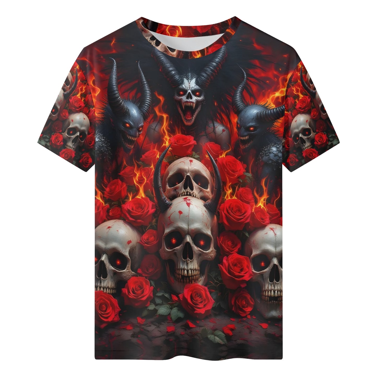 The Eternal Inferno Organic Cotton T-Shirt with fiery skulls, red roses, and dark demonic horns design