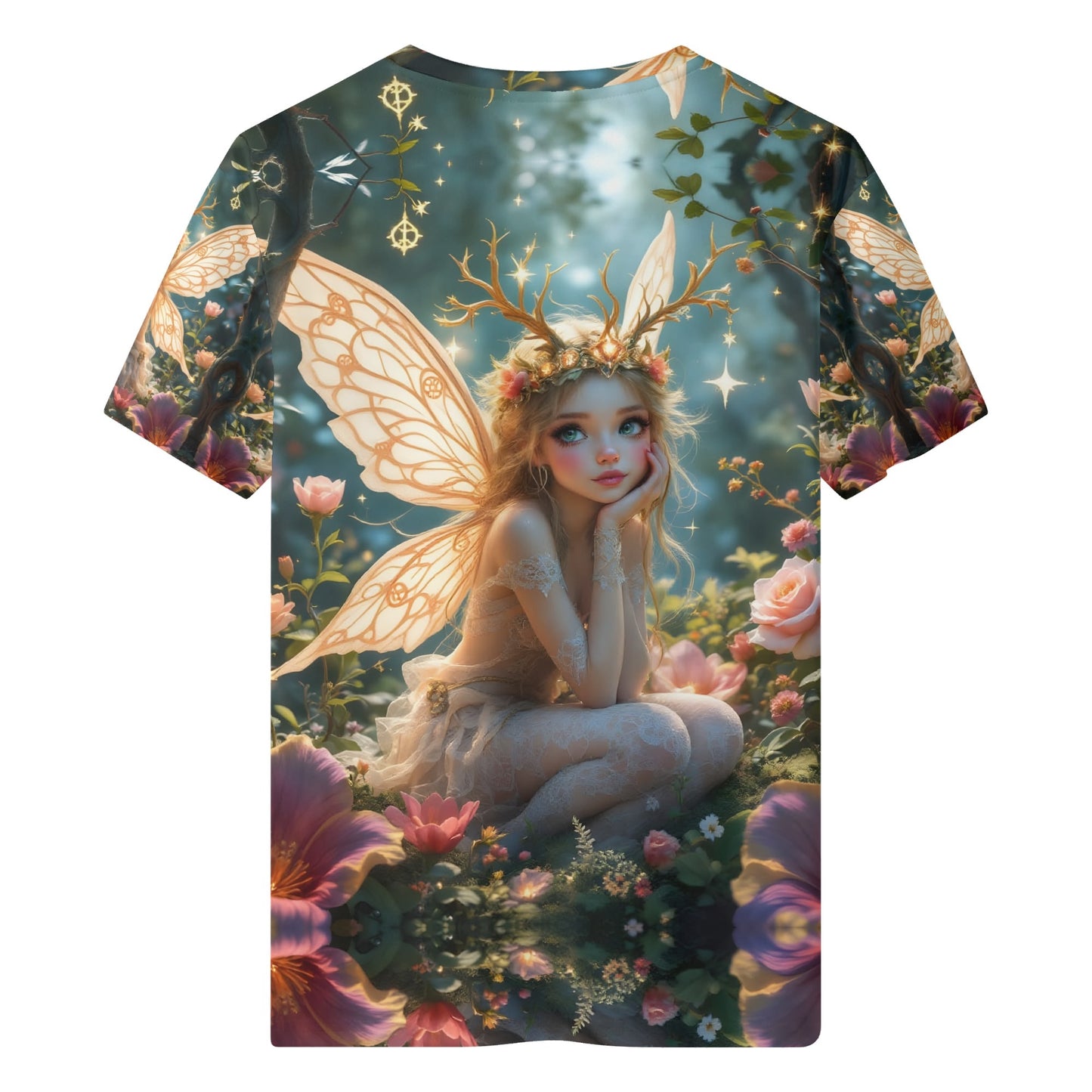 The Fairys Grace Organic Cotton Kids T-Shirt with a detailed fairy and floral design in vibrant colors
