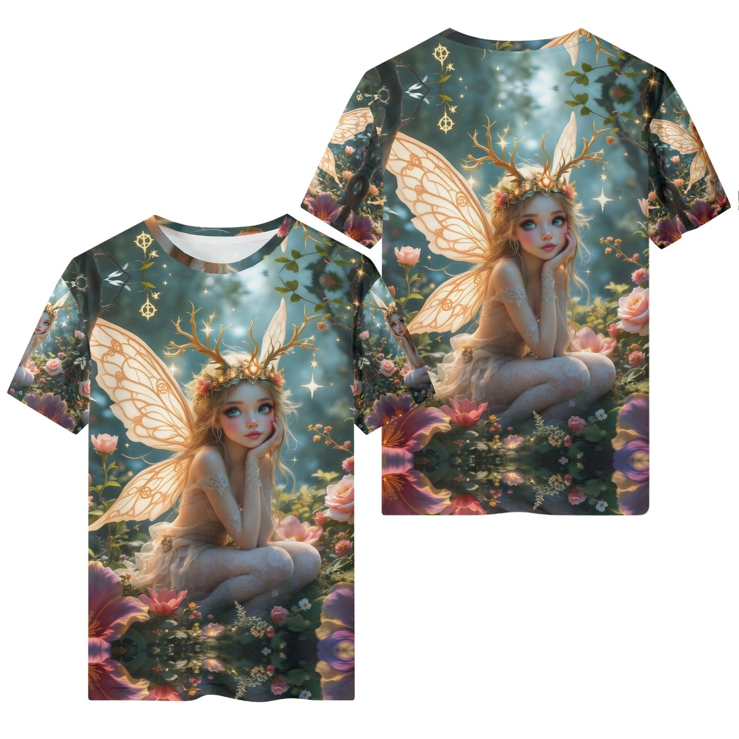 The Fairys Grace Organic Cotton Kids T-Shirt by Loud and Lethal featuring a detailed fairy design with flowers and glowing wings