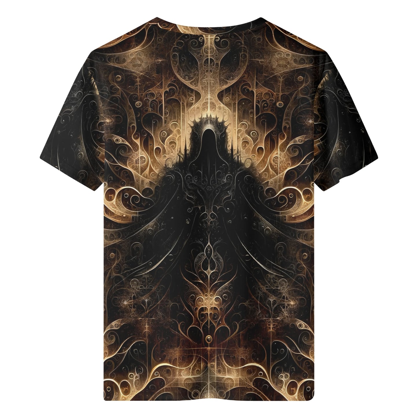 The Gilded Enigma Lycra T-Shirt by Loud and Lethal with dark intricate abstract patterns on unisex black fabric