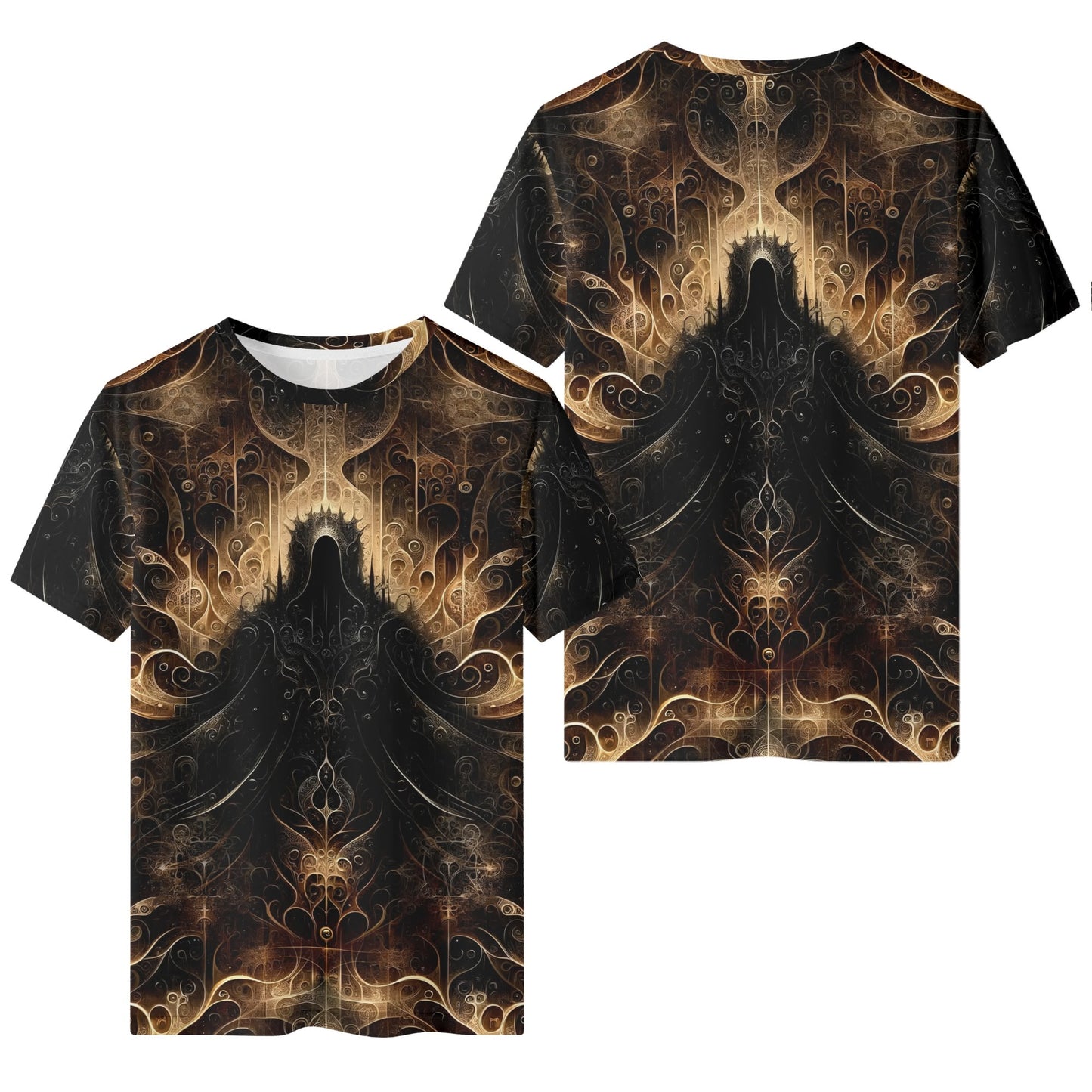 The Gilded Enigma Lycra T-Shirt by Loud and Lethal with dark intricate golden abstract design