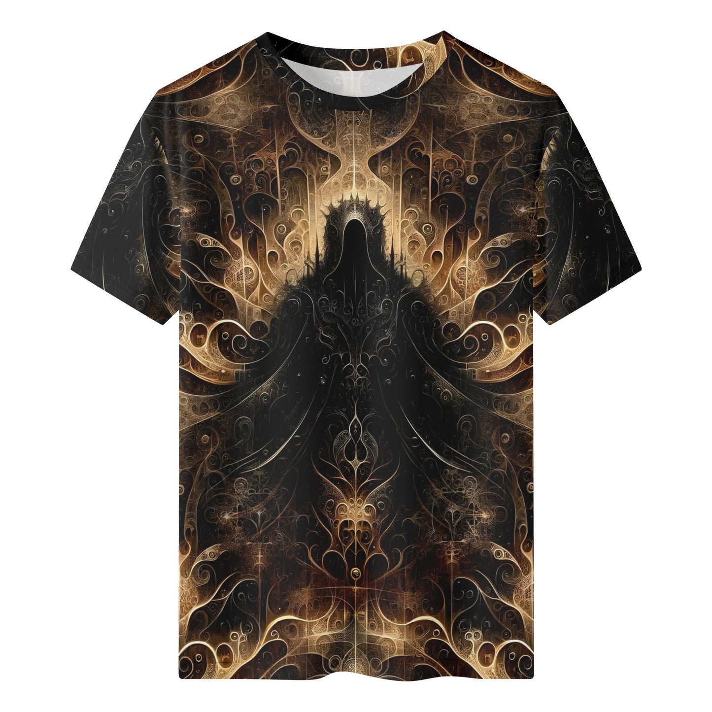 The Gilded Enigma Lycra T-Shirt unisex with intricate dark gold and black abstract design by Loud and Lethal