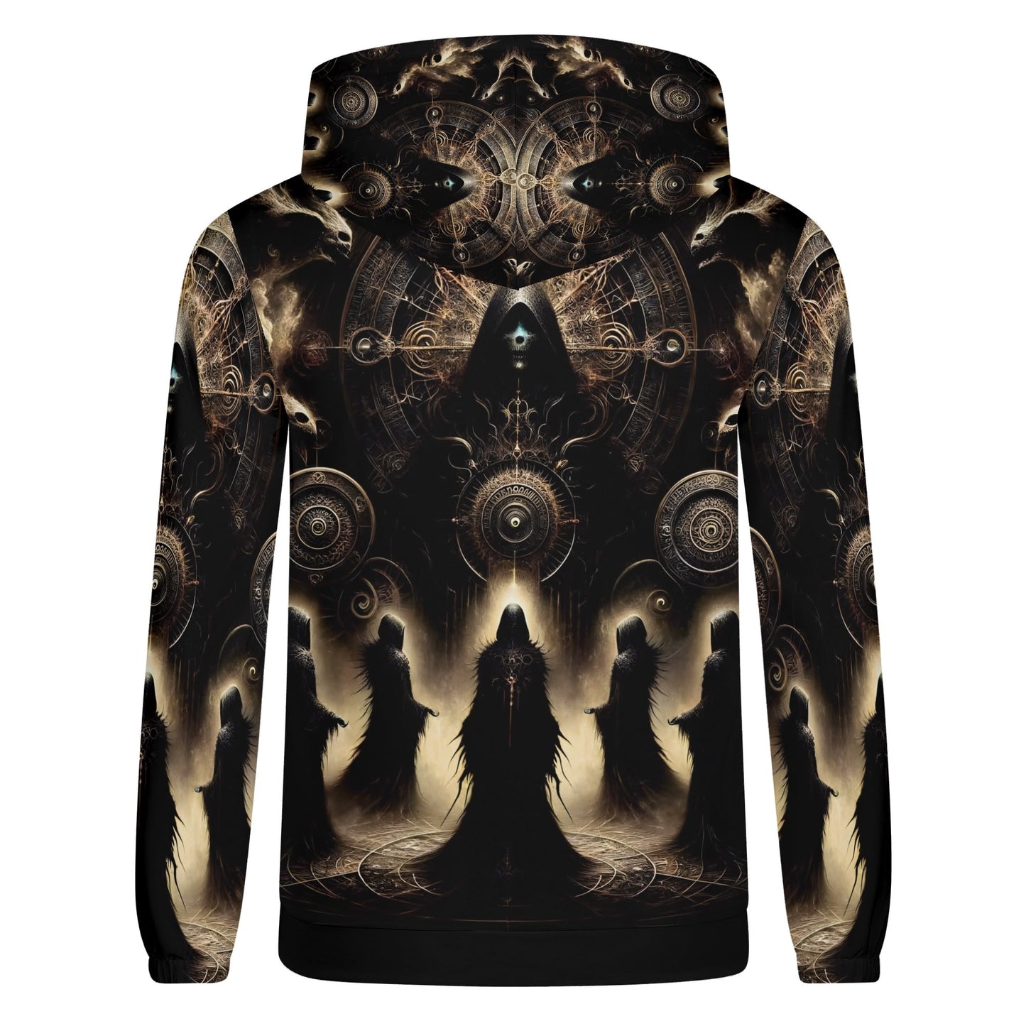 Back view of The Hooded Covenant Cotton Terry hoodie featuring dark mystical hooded figures and intricate circular designs