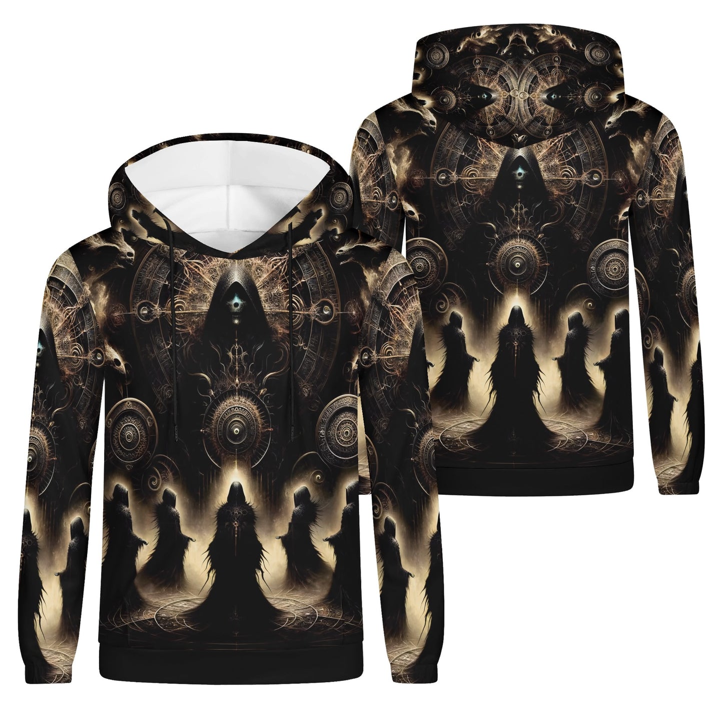 The Hooded Covenant Cotton Terry hoodie by Loud and Lethal with dark mystical design and detailed patterns on front and back