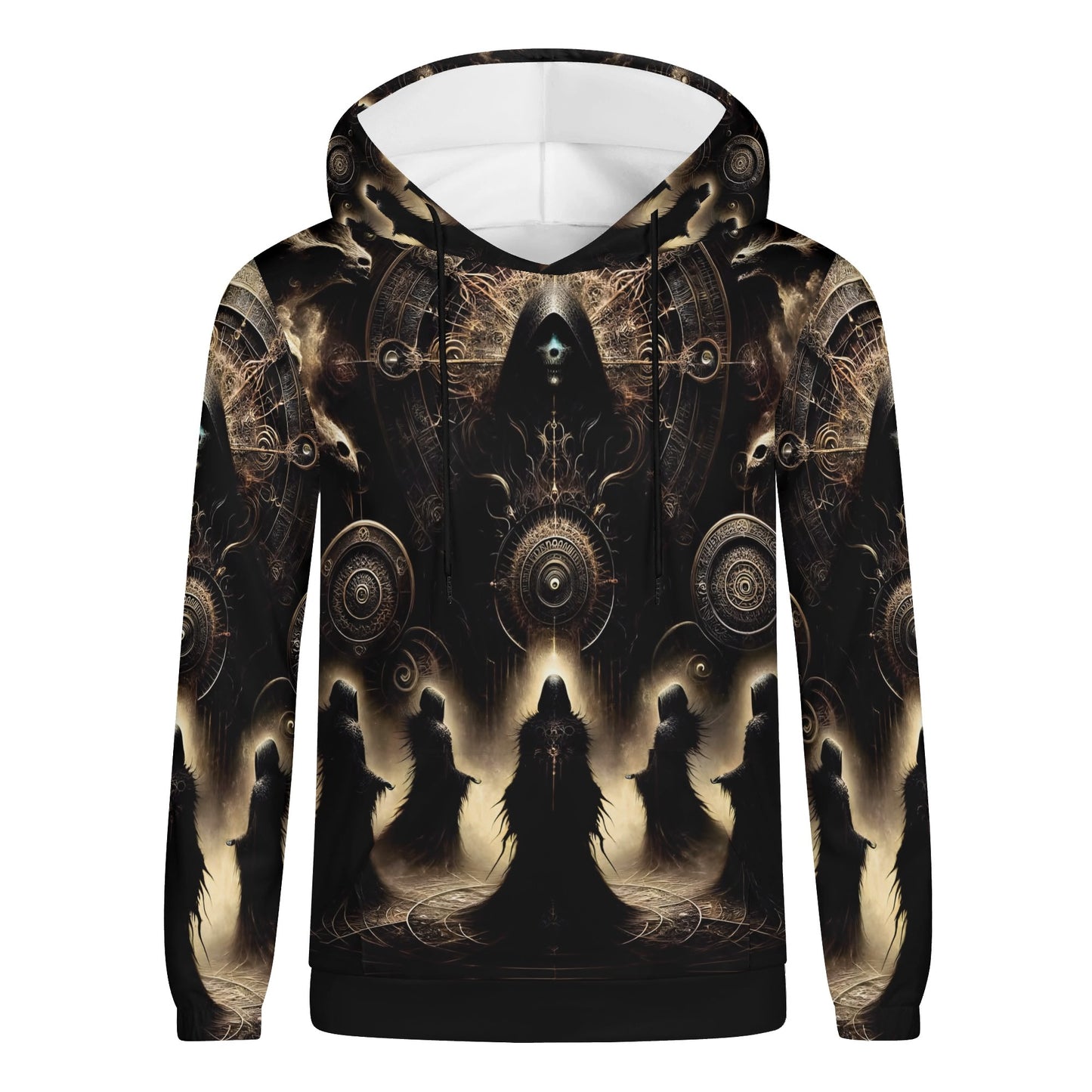 The Hooded Covenant Cotton Terry hoodie by Loud and Lethal with dark mystical hooded figures and intricate circular designs