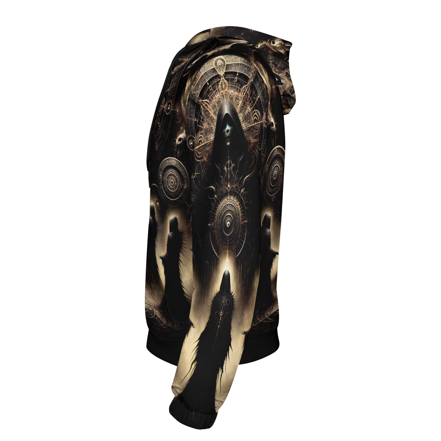 Side view of The Hooded Covenant Cotton Terry hoodie by Loud and Lethal featuring dark mystical design on black fabric