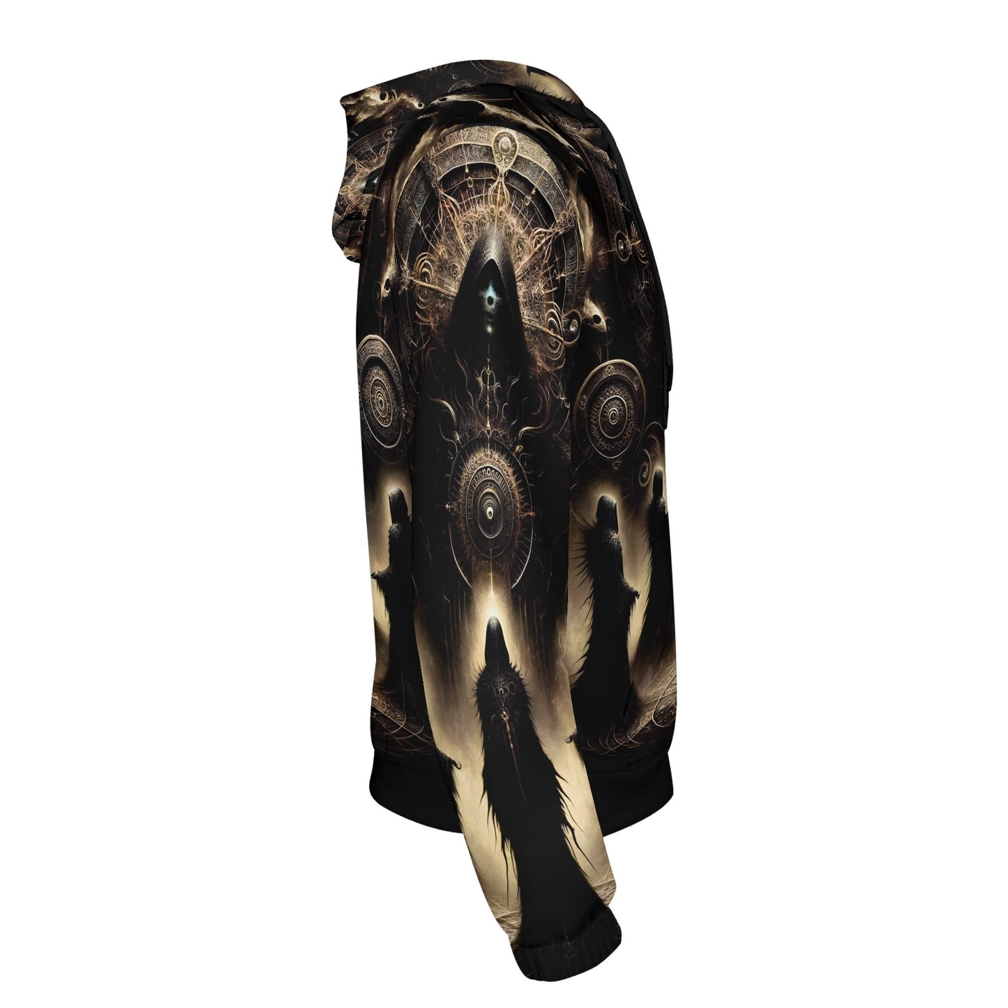 Side view of The Hooded Covenant Cotton Terry hoodie by Loud and Lethal featuring dark mystical hooded figures design