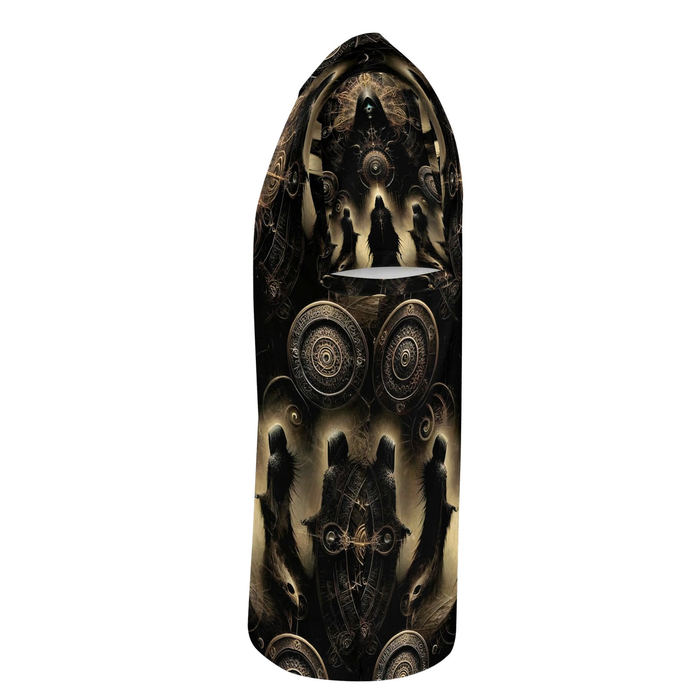 The Hooded Covenant Lycra T-Shirt by Loud and Lethal with dark mystical hooded figures and intricate circular designs