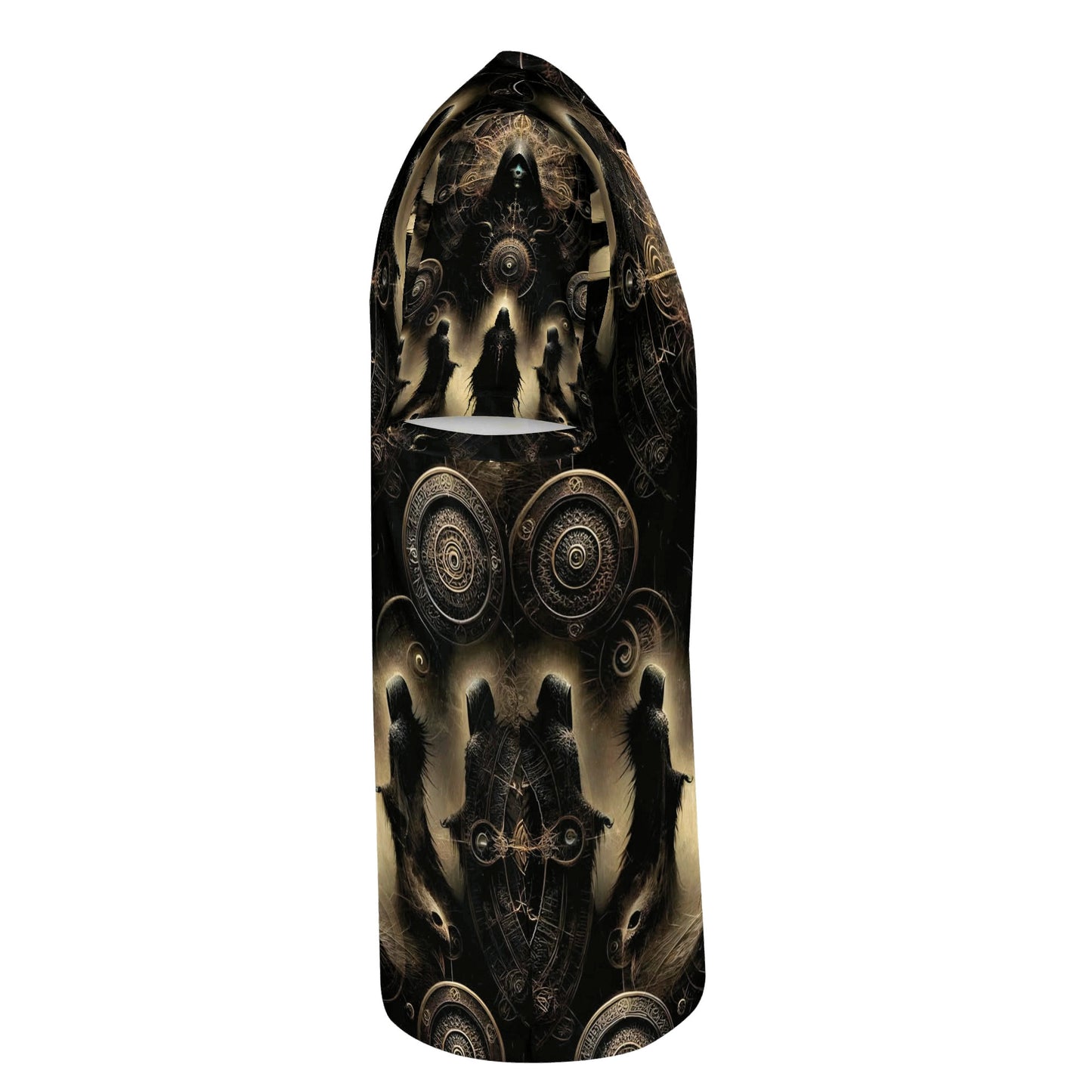 Side view of The Hooded Covenant Lycra T-Shirt by Loud and Lethal featuring dark mystical hooded figures and circular designs