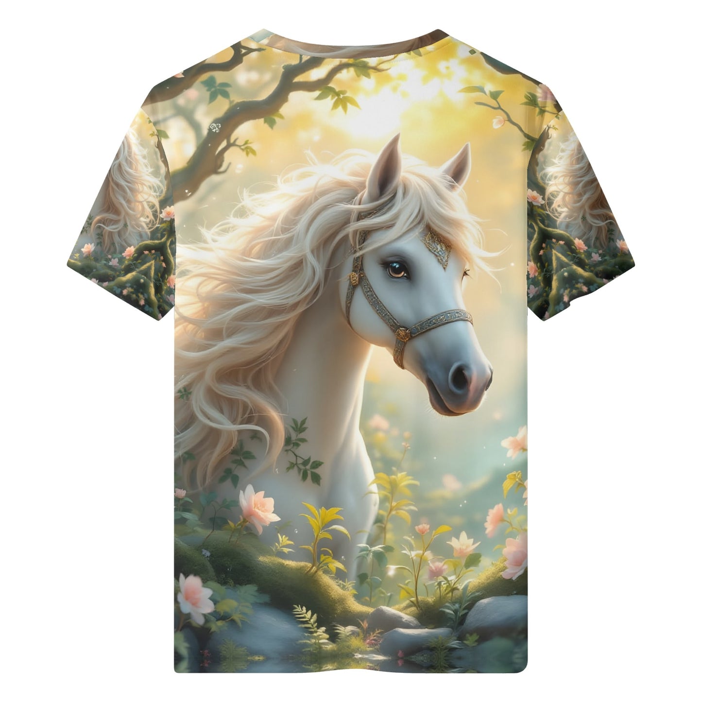The Mystical Mare Organic Cotton Kids T-Shirt featuring a white horse in a magical forest scene