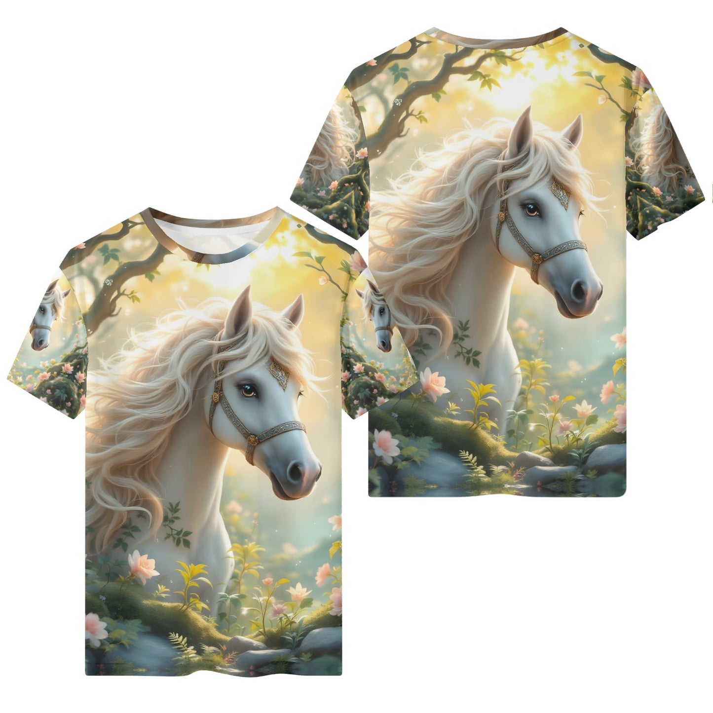 The Mystical Mare Organic Cotton Kids T-Shirt featuring a white horse in a magical forest setting