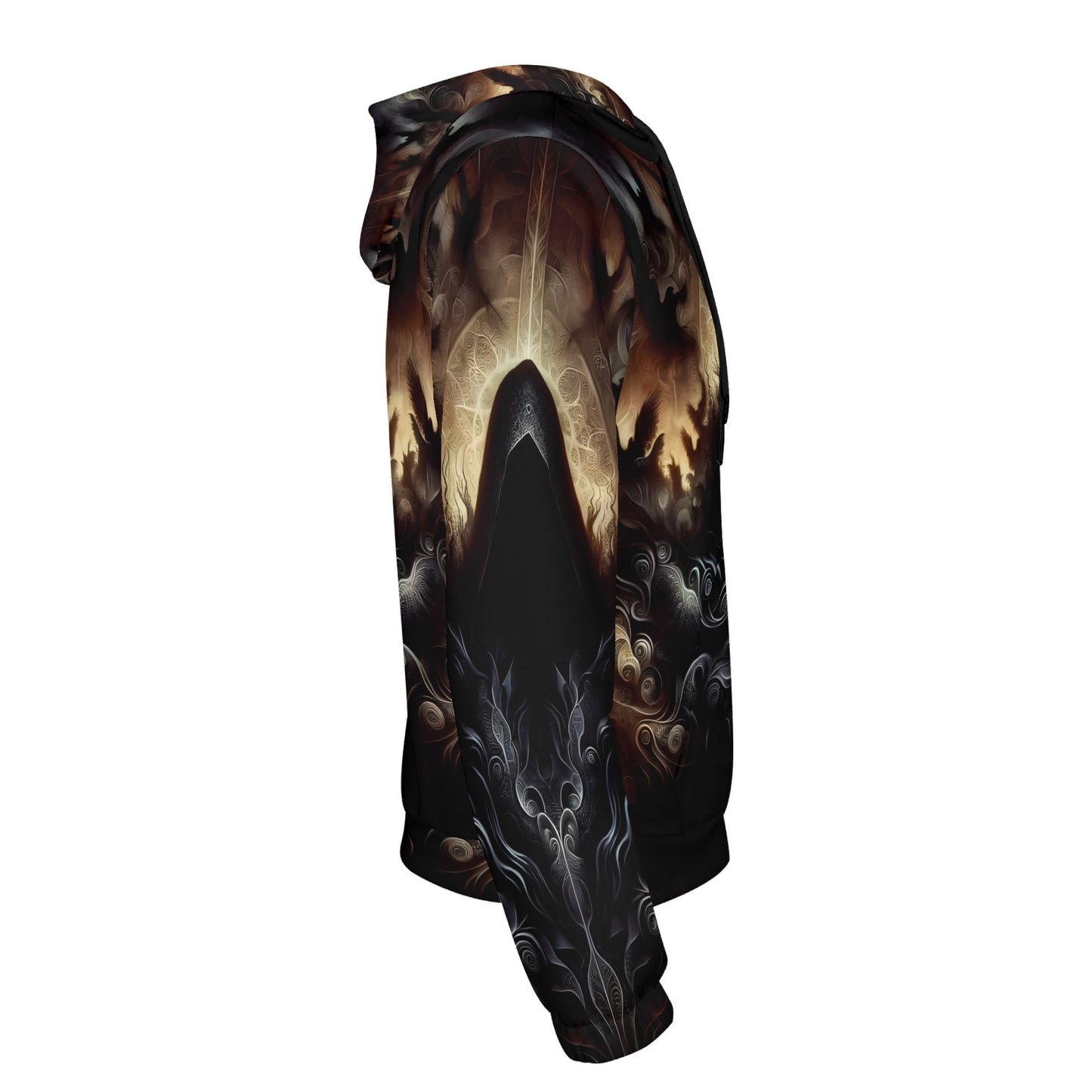 Side view of The Omen Bearer Cotton Terry Hoodie by Loud and Lethal with dark intricate graphic design