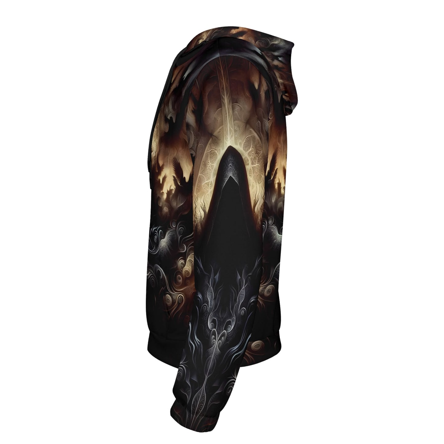Side view of The Omen Bearer Cotton Terry Hoodie by Loud and Lethal with dark mystical hooded design