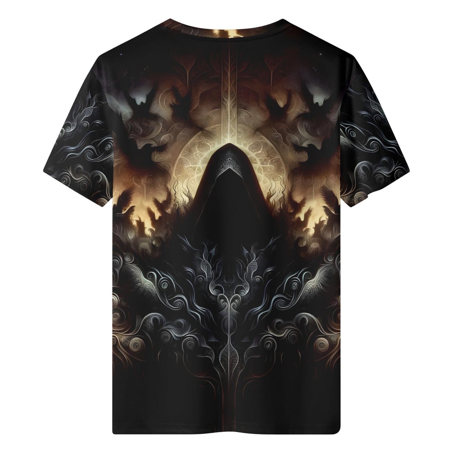 The Omen Bearer Lycra T-Shirt unisex black graphic tee with dark mystical hooded figure and intricate swirling patterns